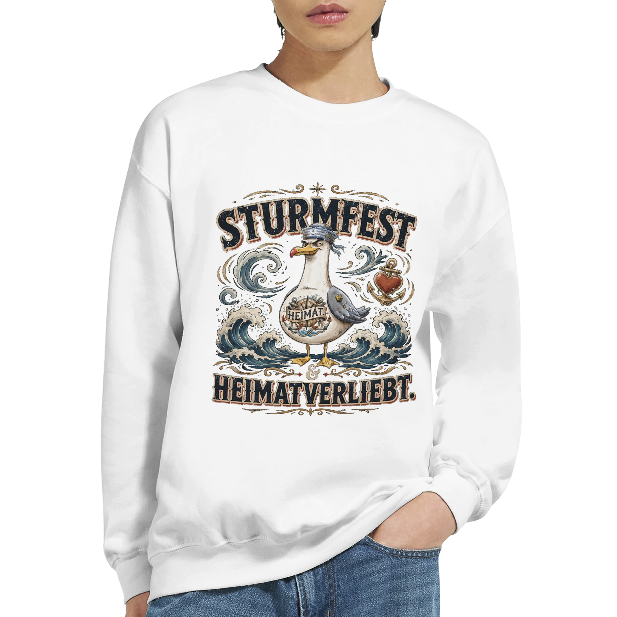 Pullover in Sand mit Motiv „Sturmfest & Heimatverliebt Möwe“