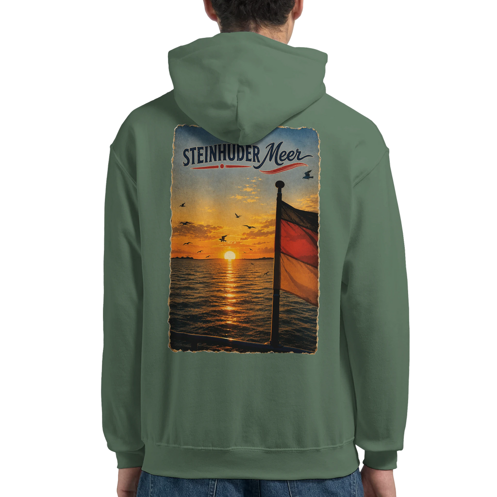 Hoodie in Aschgrau mit Motiv „Flagge und Sunset“