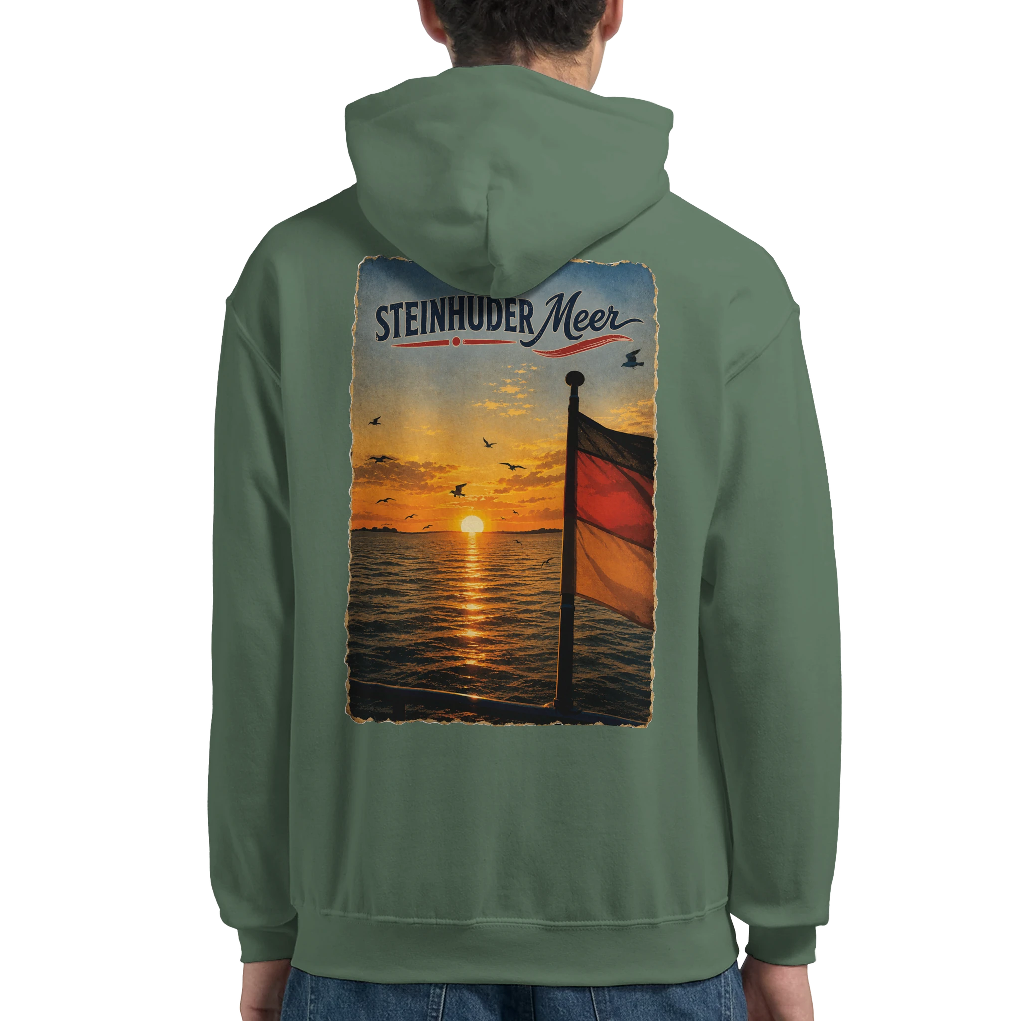 Hoodie in Aschgrau mit Motiv „Flagge und Sunset“