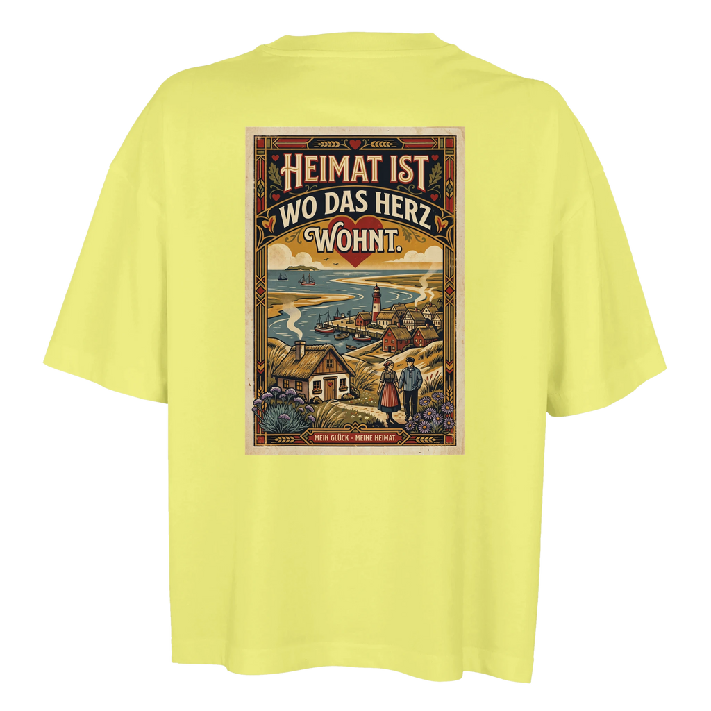 Damen-T-Shirt in Hellgelb mit Motiv „Heimat ist, wo das Herz wohnt“