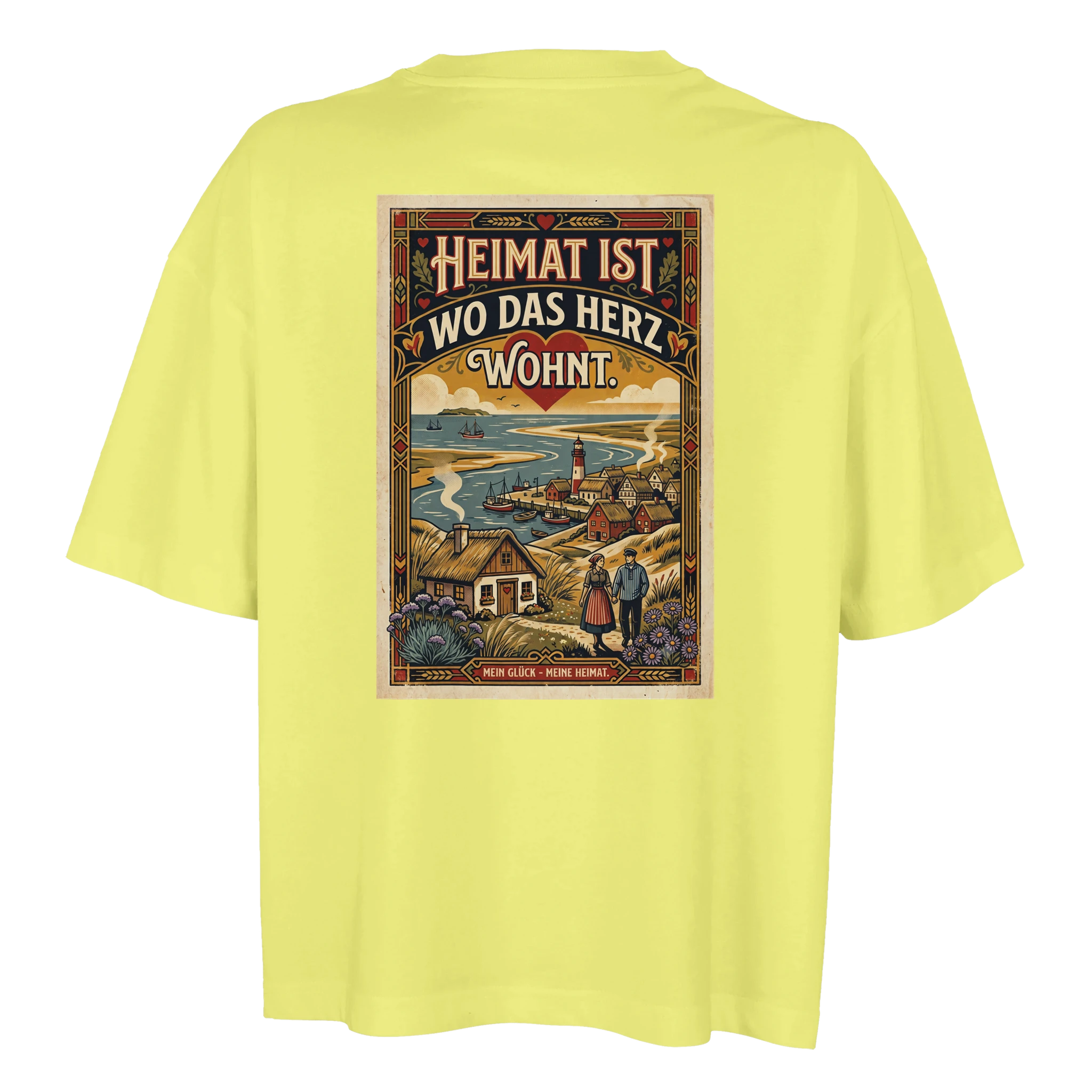 Damen-T-Shirt in Hellgelb mit Motiv „Heimat ist, wo das Herz wohnt“