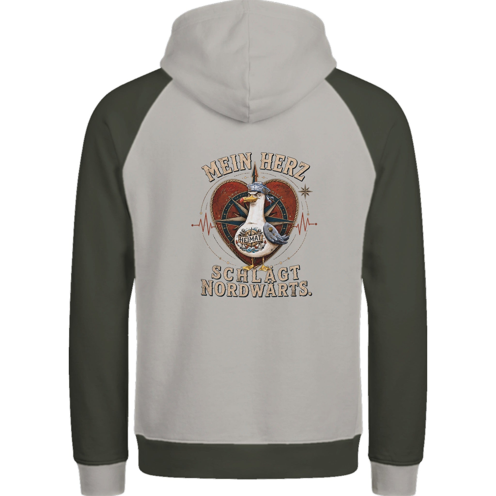 Hoodie in Ton mit Motiv „Mein Herz schlägt NORDWÄRTS. Möwe“