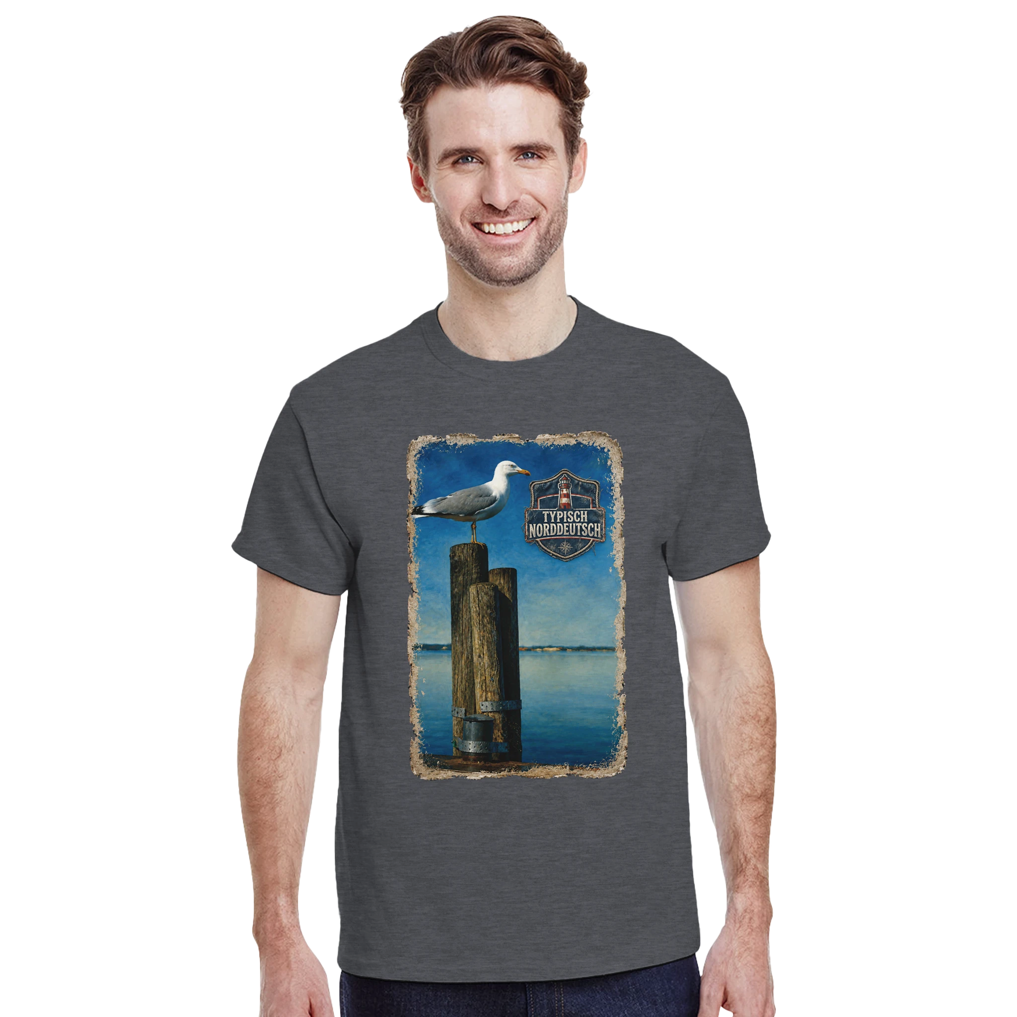 T-Shirt in Sand mit Motiv „Möwe auf Poller“