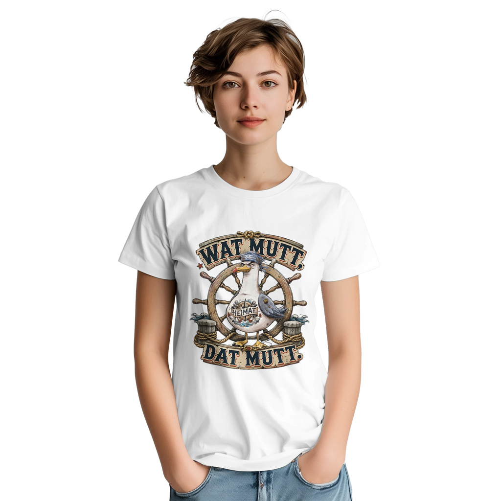 T-Shirt in Sand mit Motiv „Wat Mutt, Dat Mutt. Möwe“