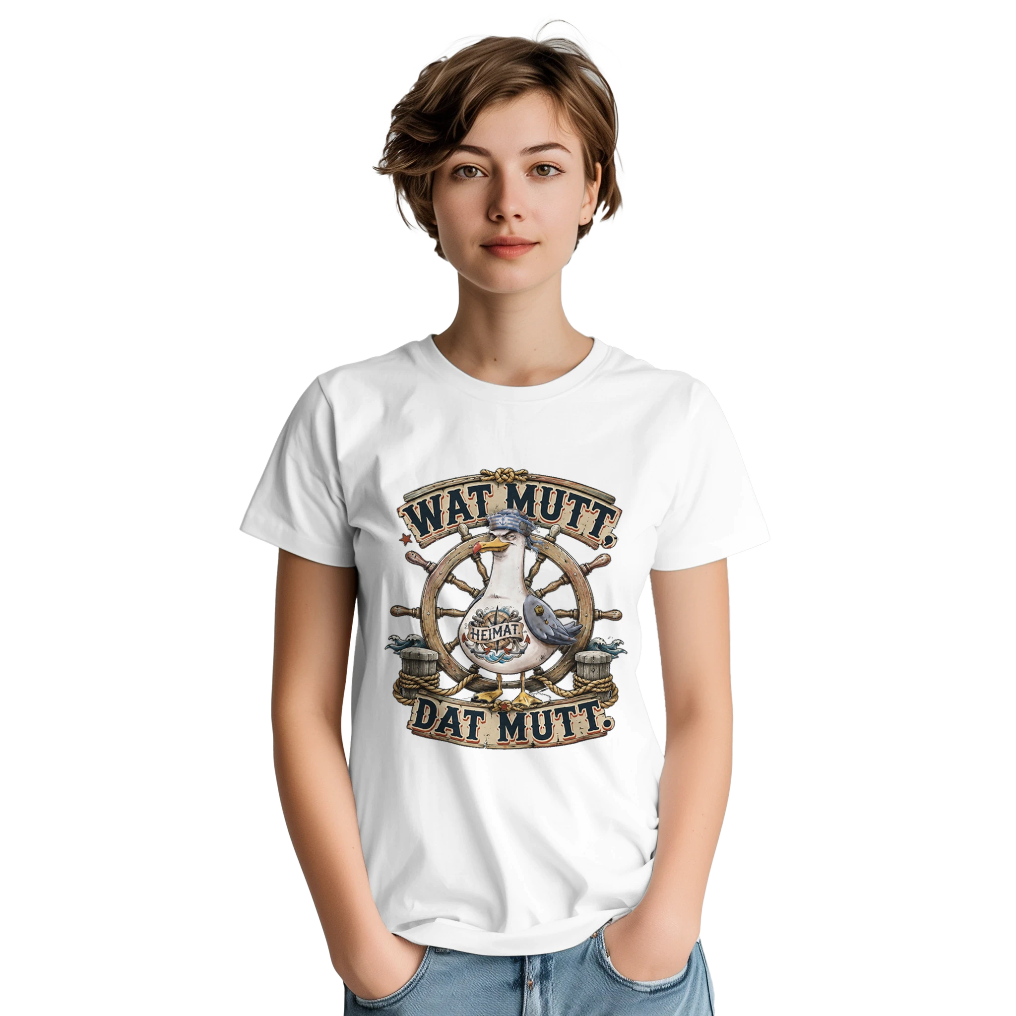 T-Shirt in Sand mit Motiv „Wat Mutt, Dat Mutt. Möwe“