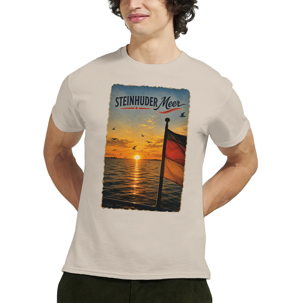 T-Shirt in Natur mit Motiv „Flagge und Sunset“