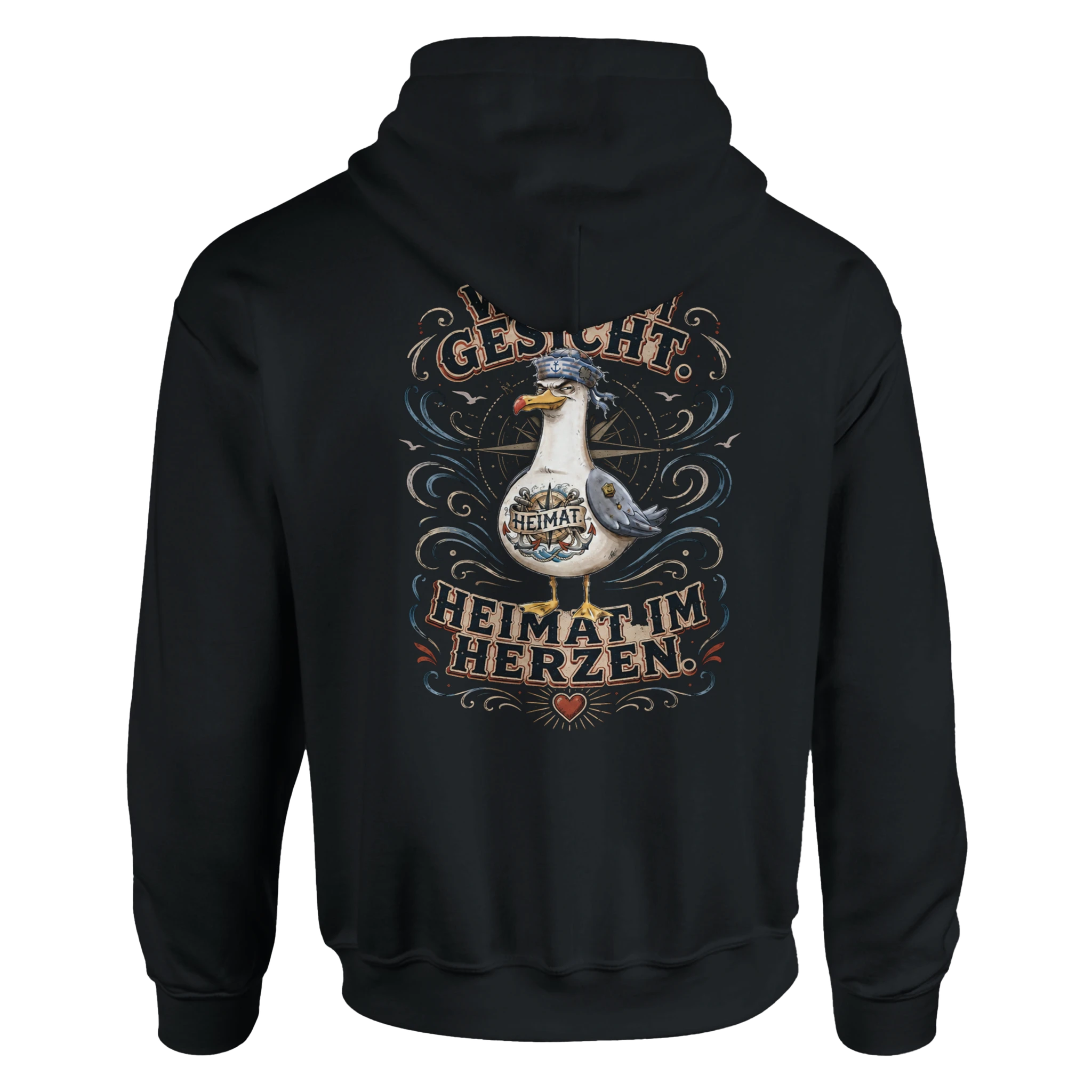 Hoodie in Weiß mit Motiv „Wind im Gesicht. Heimat im Herzen. Möwe“
