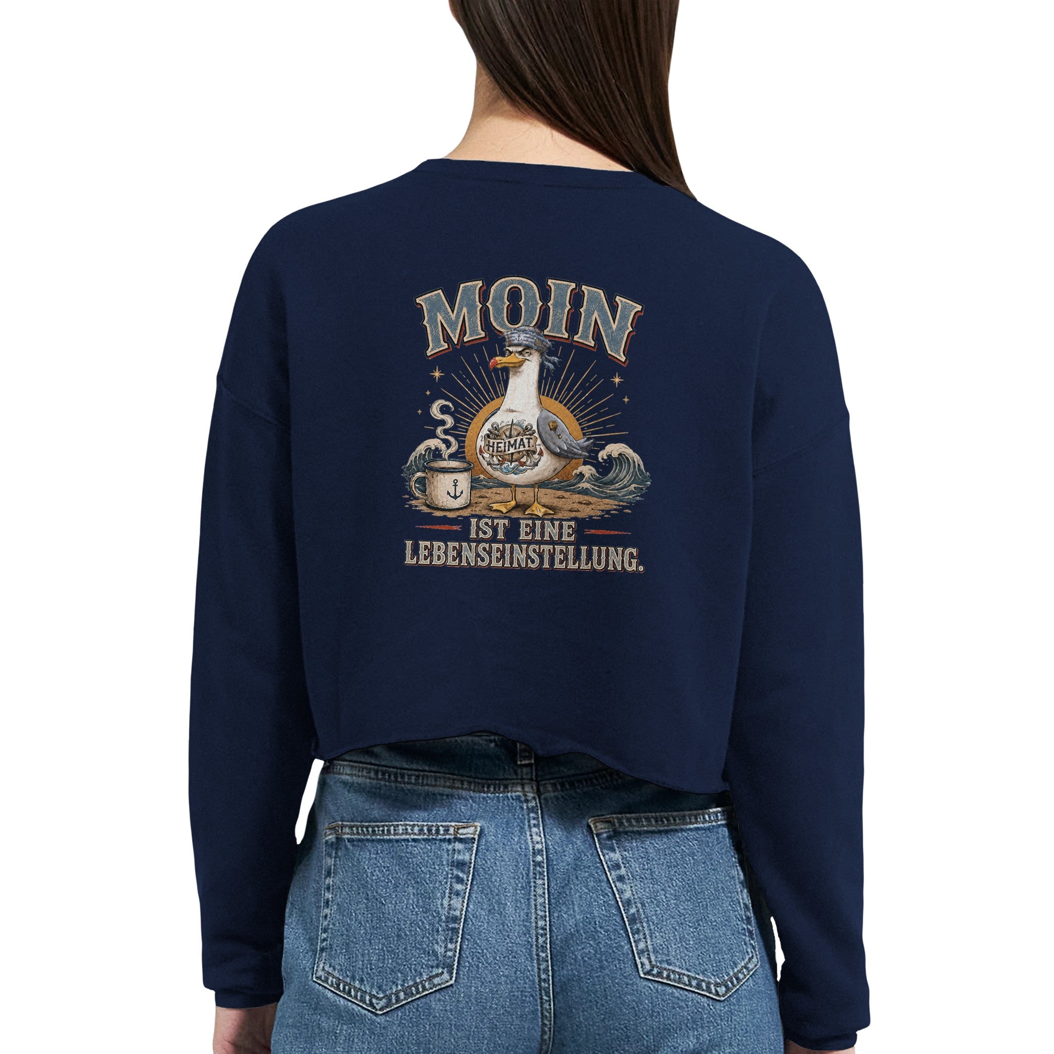Damen-Pullover in Staubblau mit Motiv „Moin ist eine Lebenseinstellung Möwe“