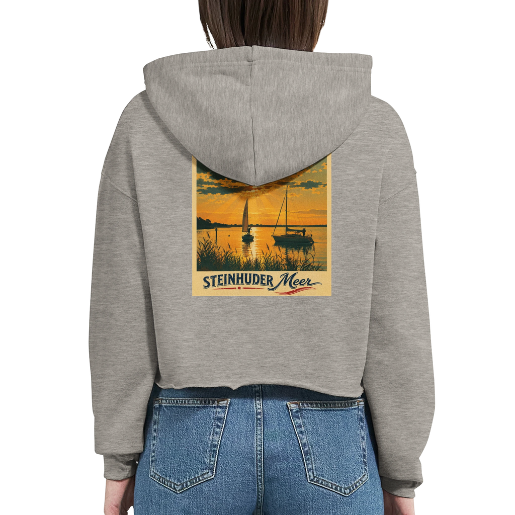 Damen-Hoodie in Weiß mit Motiv „Segler am Steinhuder Meer beim Sunset“