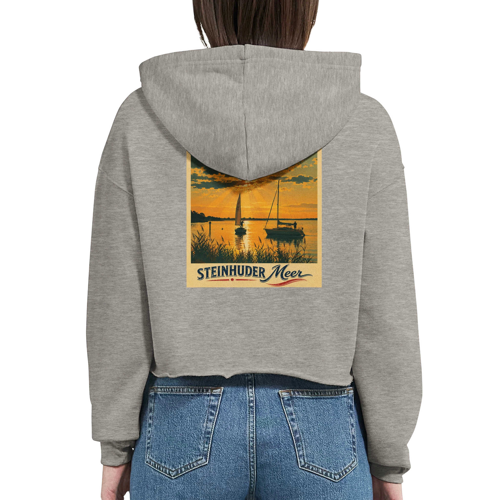 Damen-Hoodie in Weiß mit Motiv „Segler am Steinhuder Meer beim Sunset“