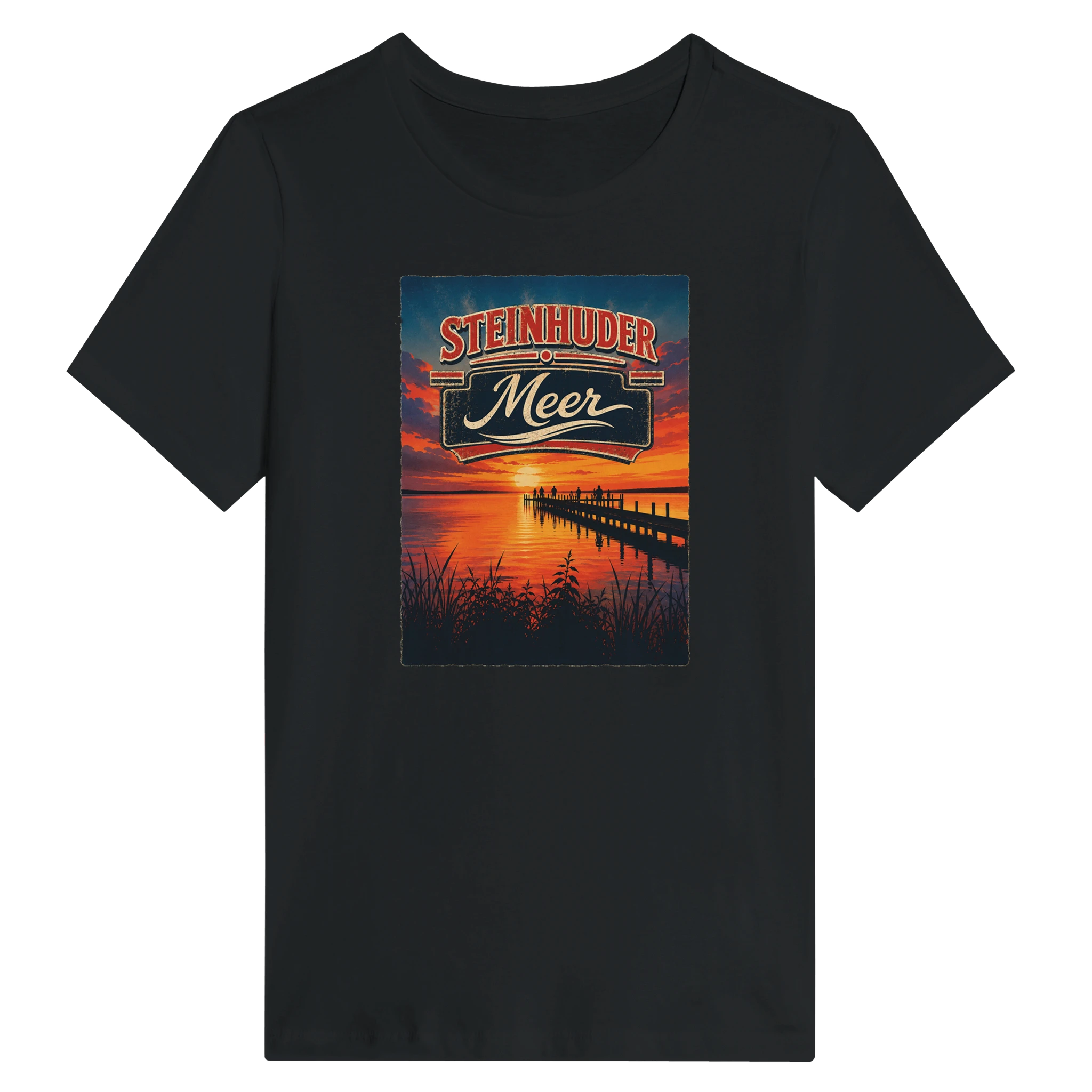 Damen-T-Shirt in Weiß mit Motiv „Sunset Ratskeller Steg am Steinhuder Meer“