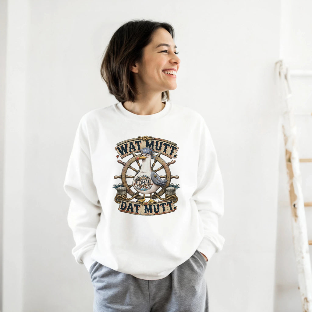 Pullover in Sand mit Motiv „Wat Mutt, Dat Mutt. Möwe“