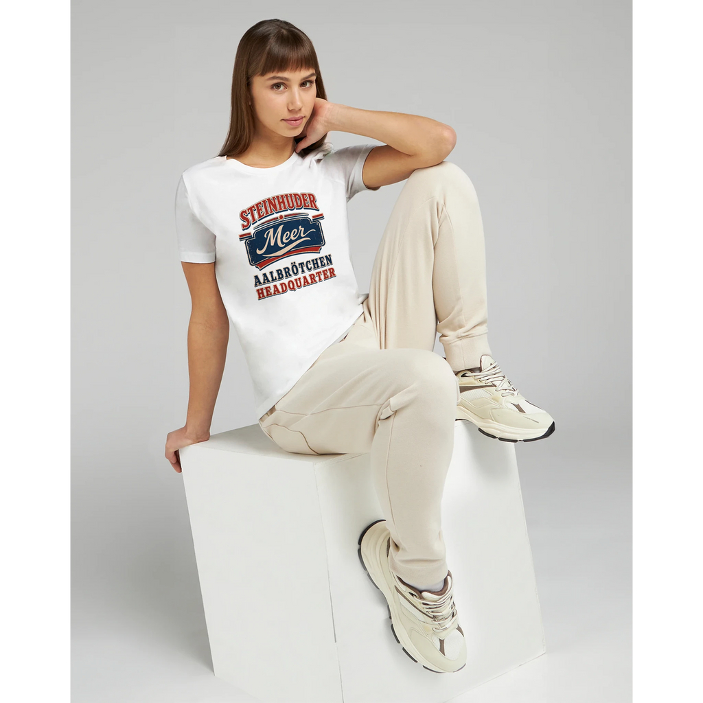 Damen-T-Shirt in Zitronengelb mit Motiv „Aalbrötchen“