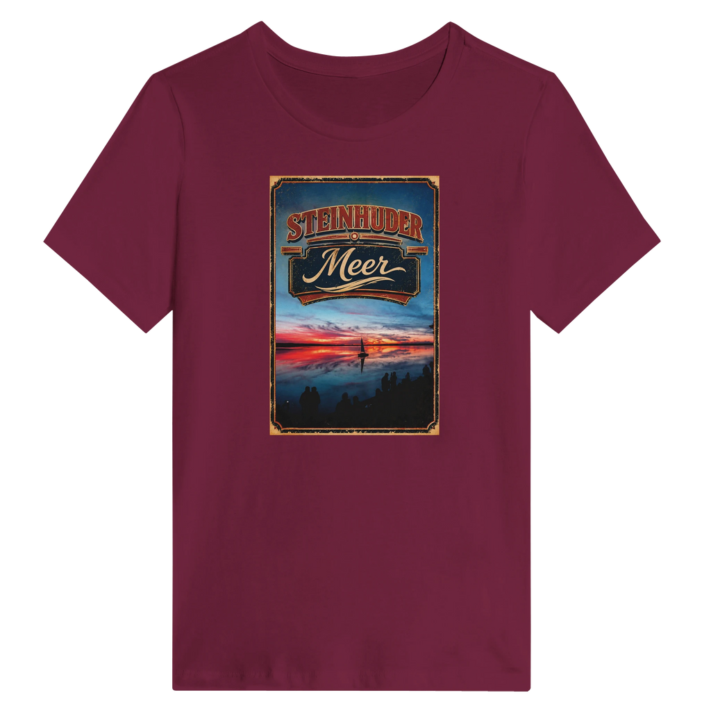 Damen-T-Shirt in Weiß mit Motiv „Sunset mit Segler am Wilhelmstein – Steinhuder Meer“