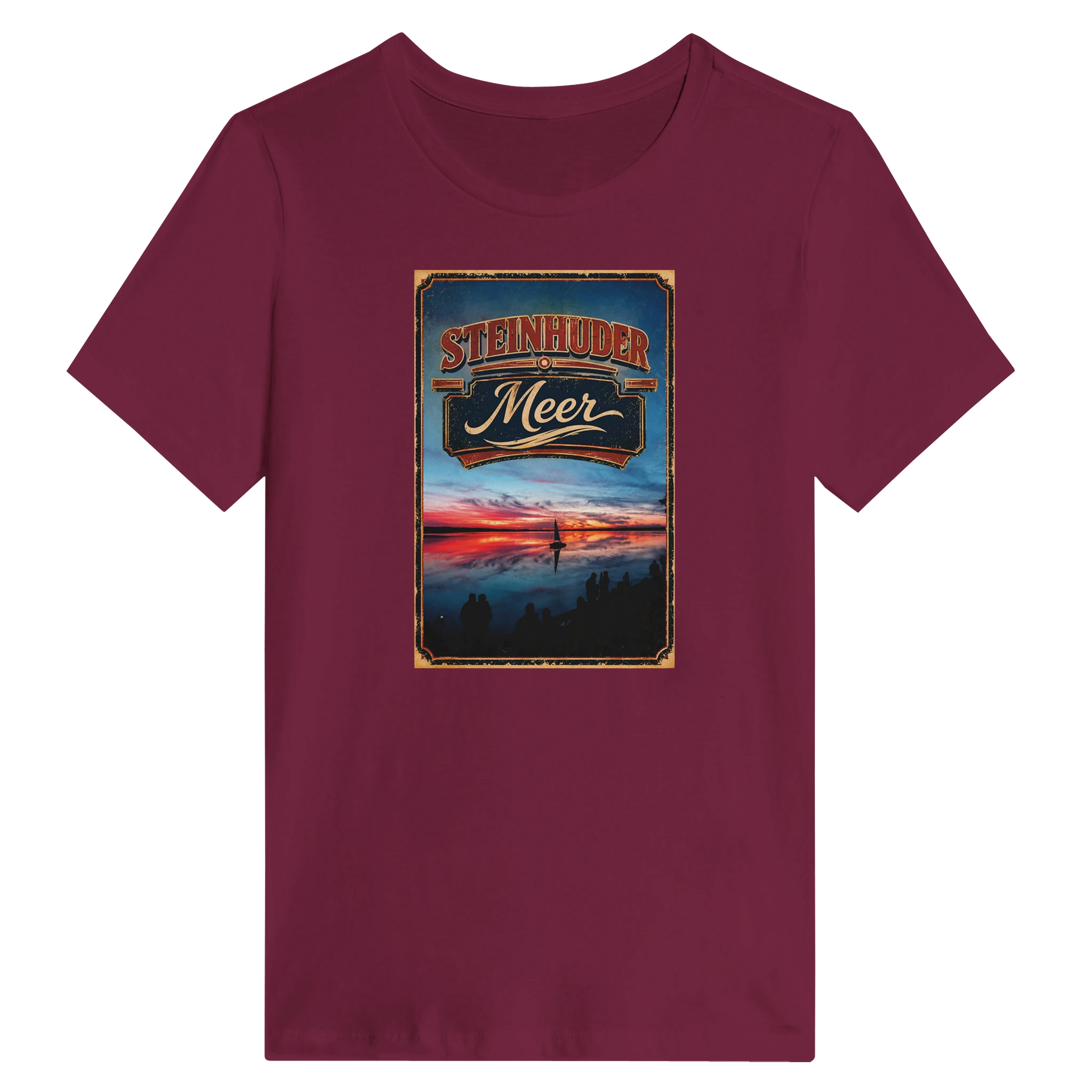 Damen-T-Shirt in Weiß mit Motiv „Sunset mit Segler am Wilhelmstein – Steinhuder Meer“