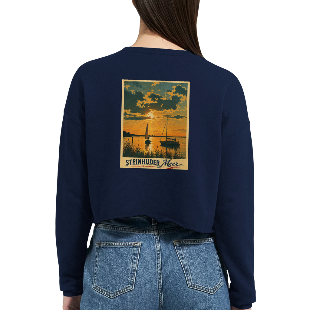 Damen-Pullover in Staubblau mit Motiv „Segler am Steinhuder Meer beim Sunset“