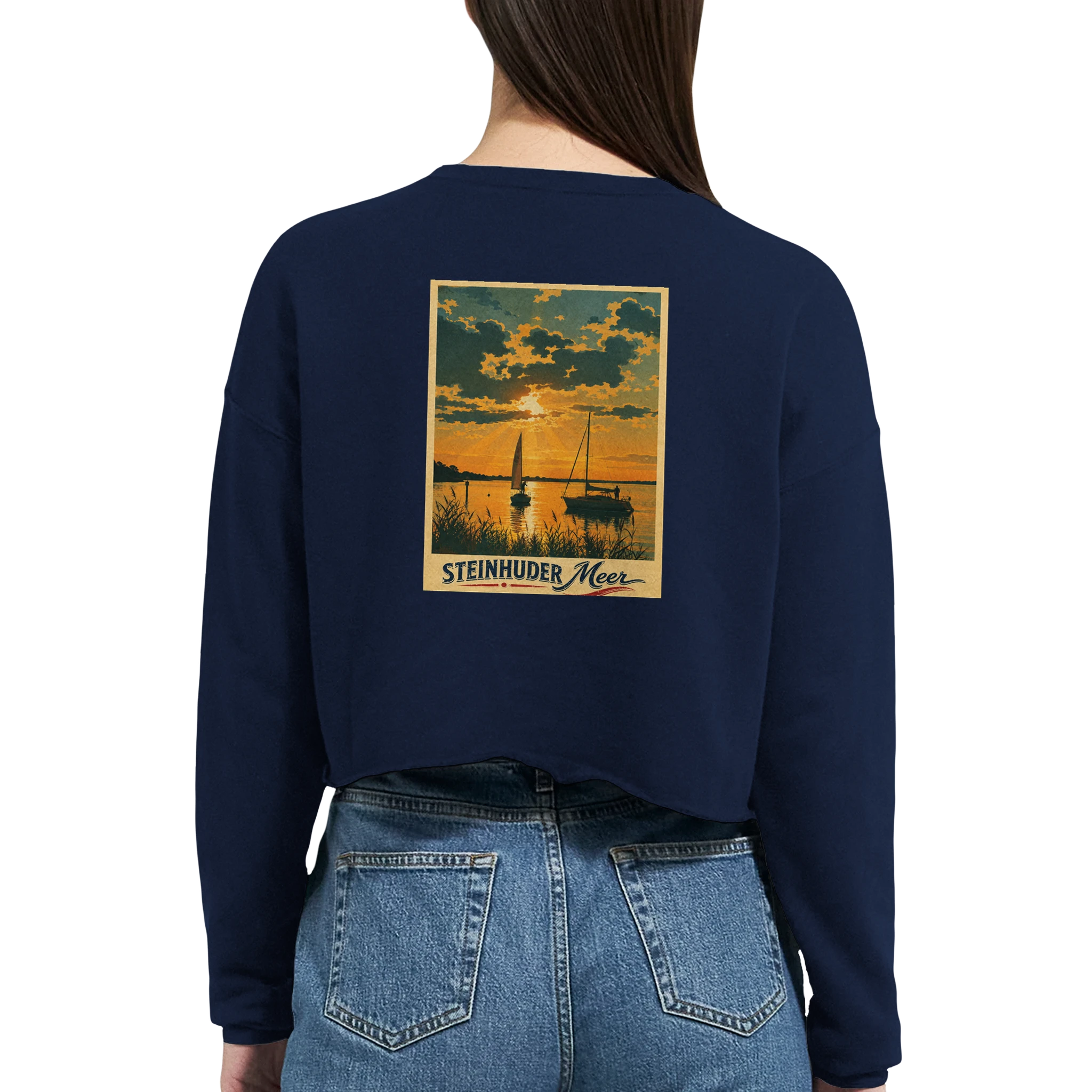 Damen-Pullover in Staubblau mit Motiv „Segler am Steinhuder Meer beim Sunset“