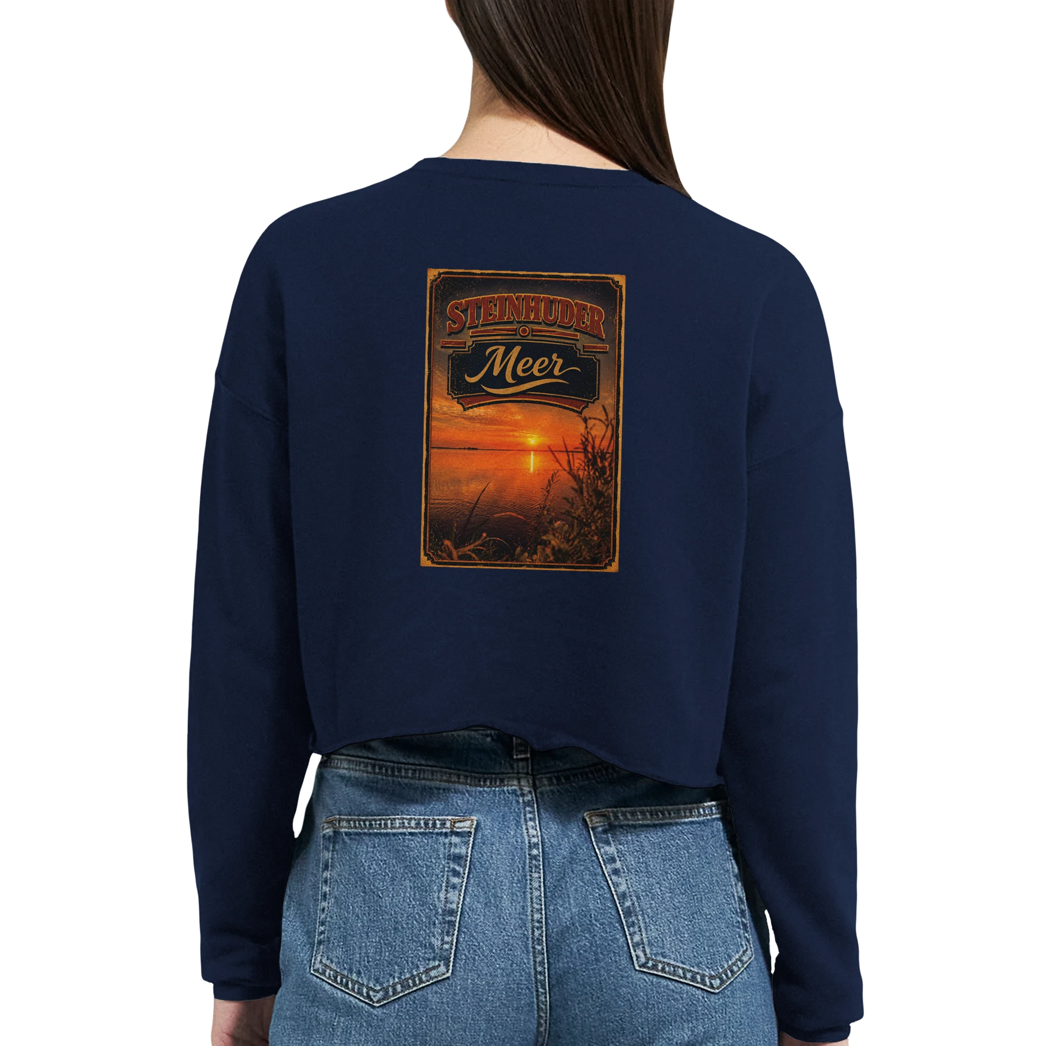 Damen-Pullover in Staubblau mit Motiv „Sunset am Steinhuder Meer“