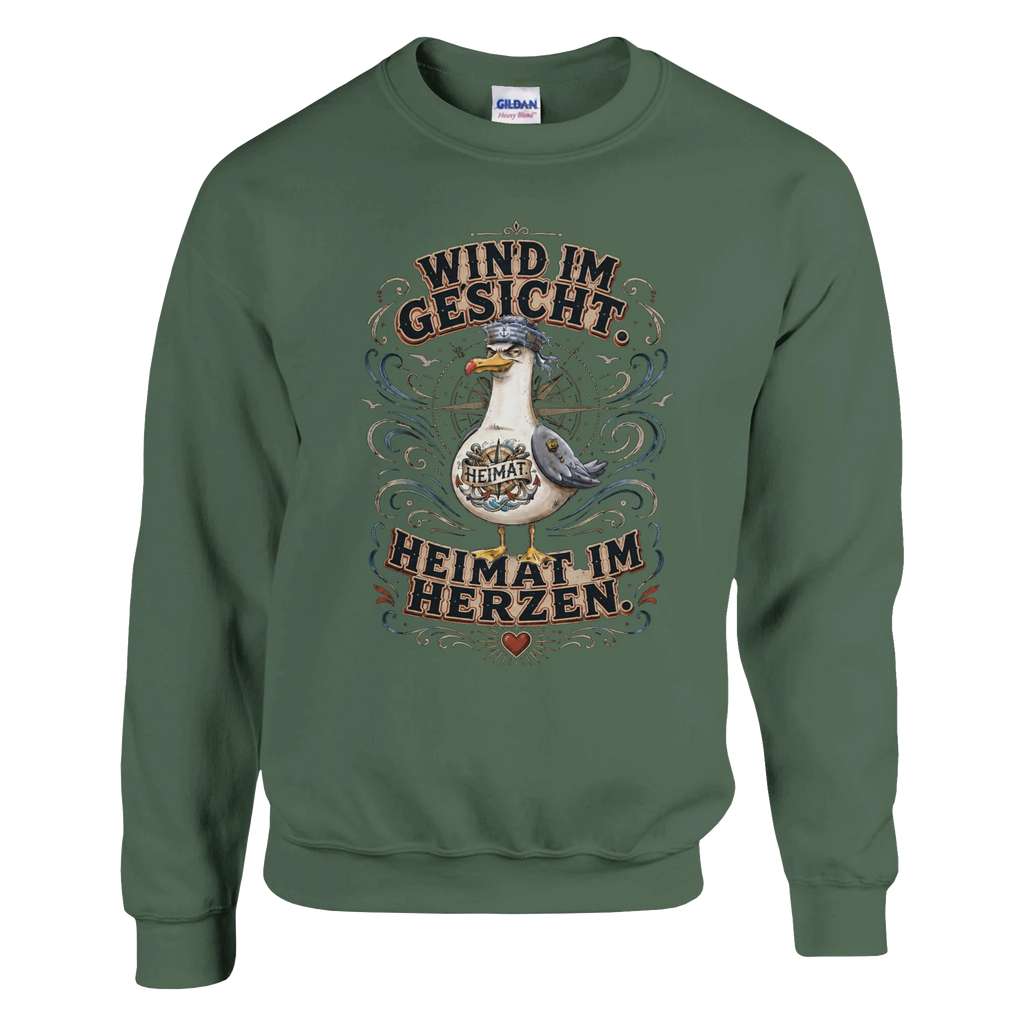 Pullover in Weiß mit Motiv „Wind im Gesicht. Heimat im Herzen. Möwe“