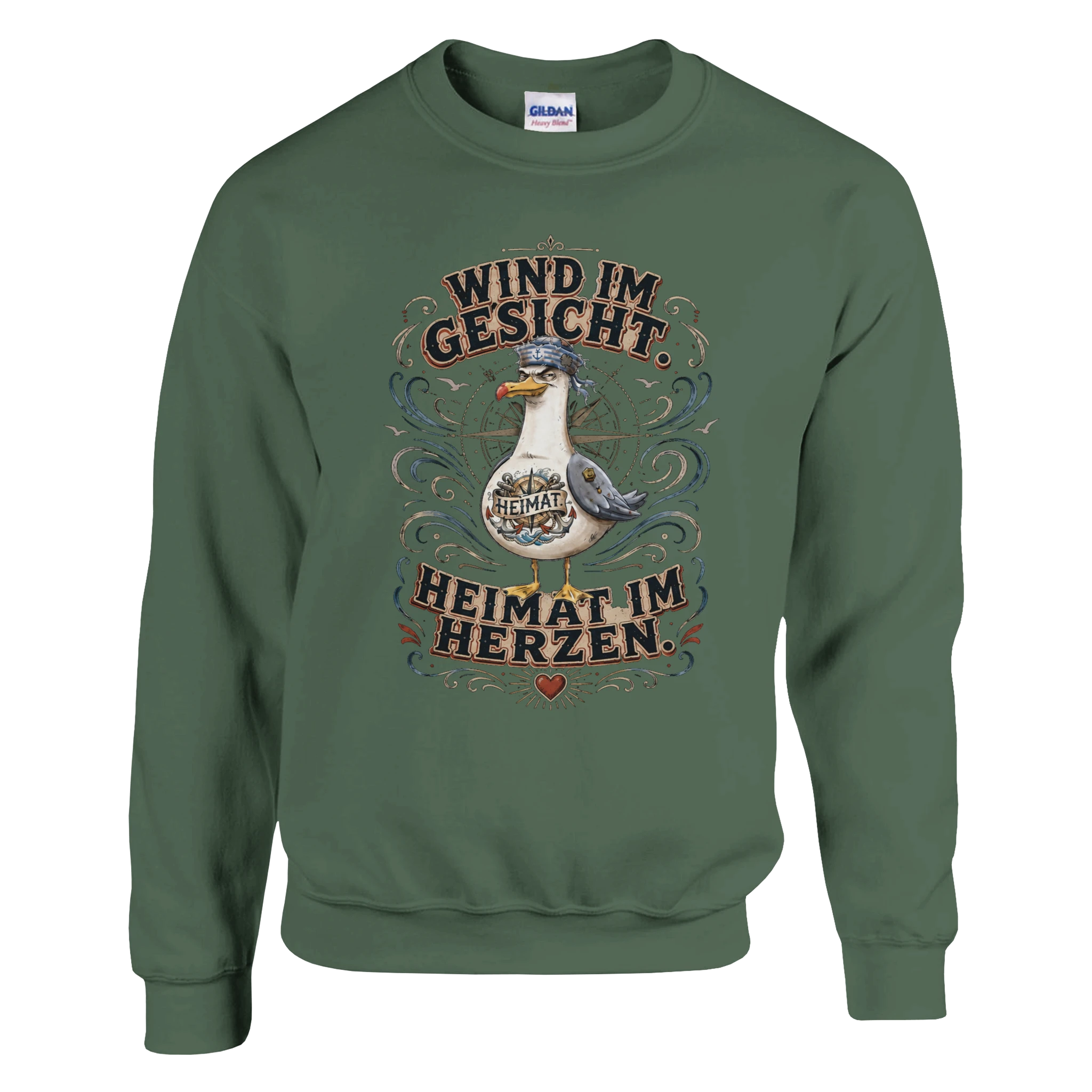 Pullover in Weiß mit Motiv „Wind im Gesicht. Heimat im Herzen. Möwe“
