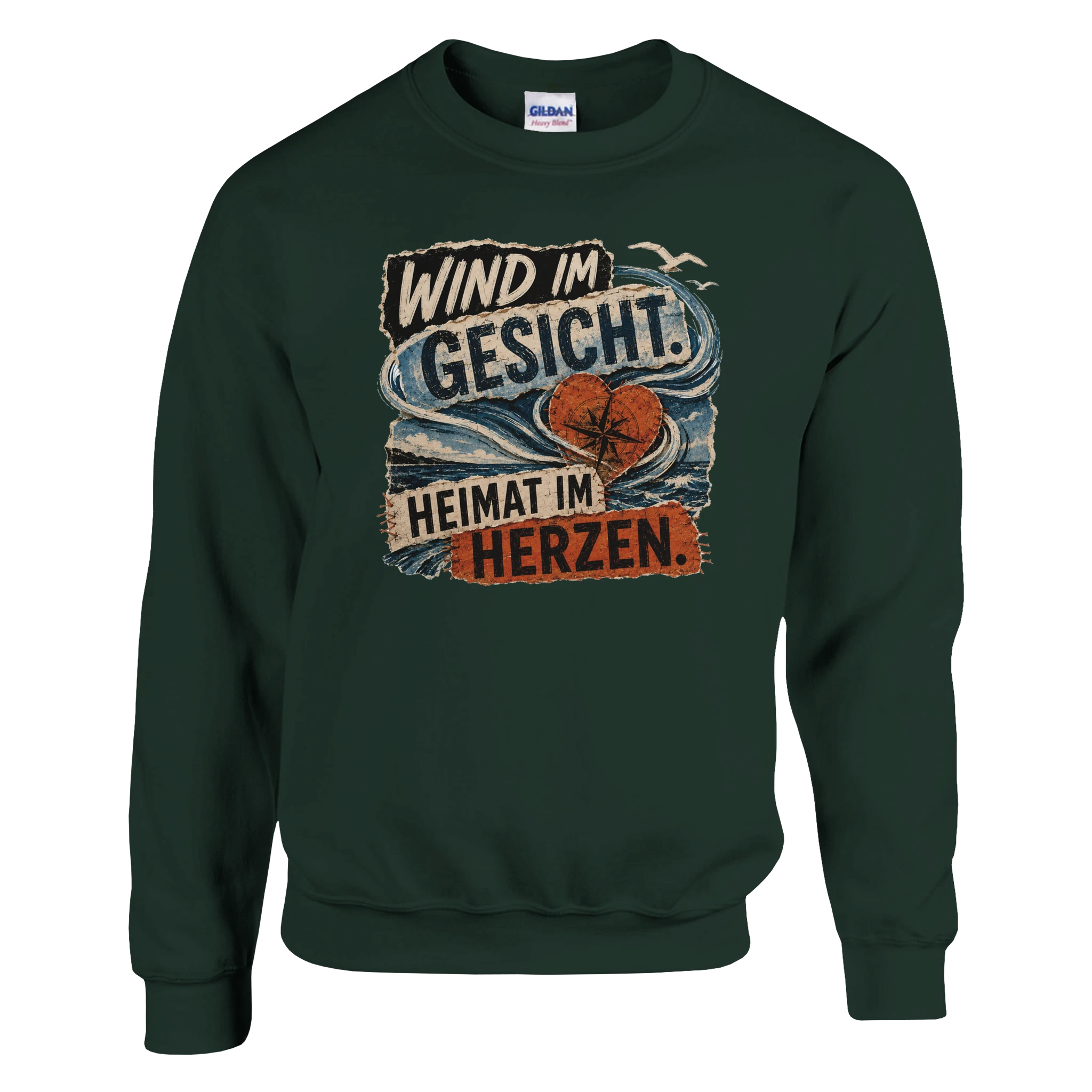 Pullover in Weiß mit Motiv „Wind im Gesicht. Heimat im Herzen.“