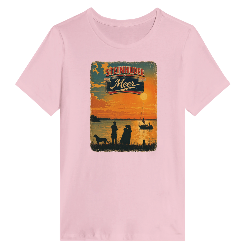 Damen-T-Shirt in Weiß mit Motiv „Familie am Steinhuder Meer beim Sunset“