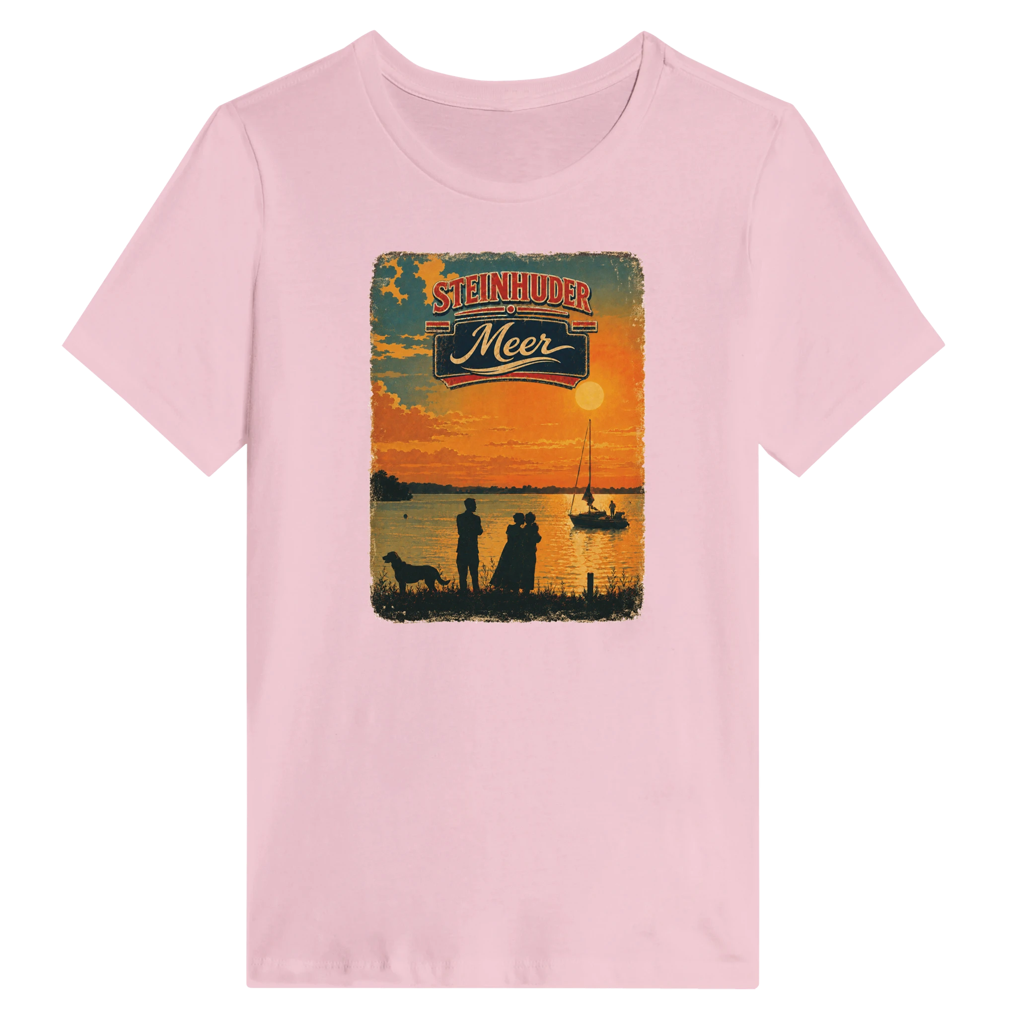 Damen-T-Shirt in Weiß mit Motiv „Familie am Steinhuder Meer beim Sunset“