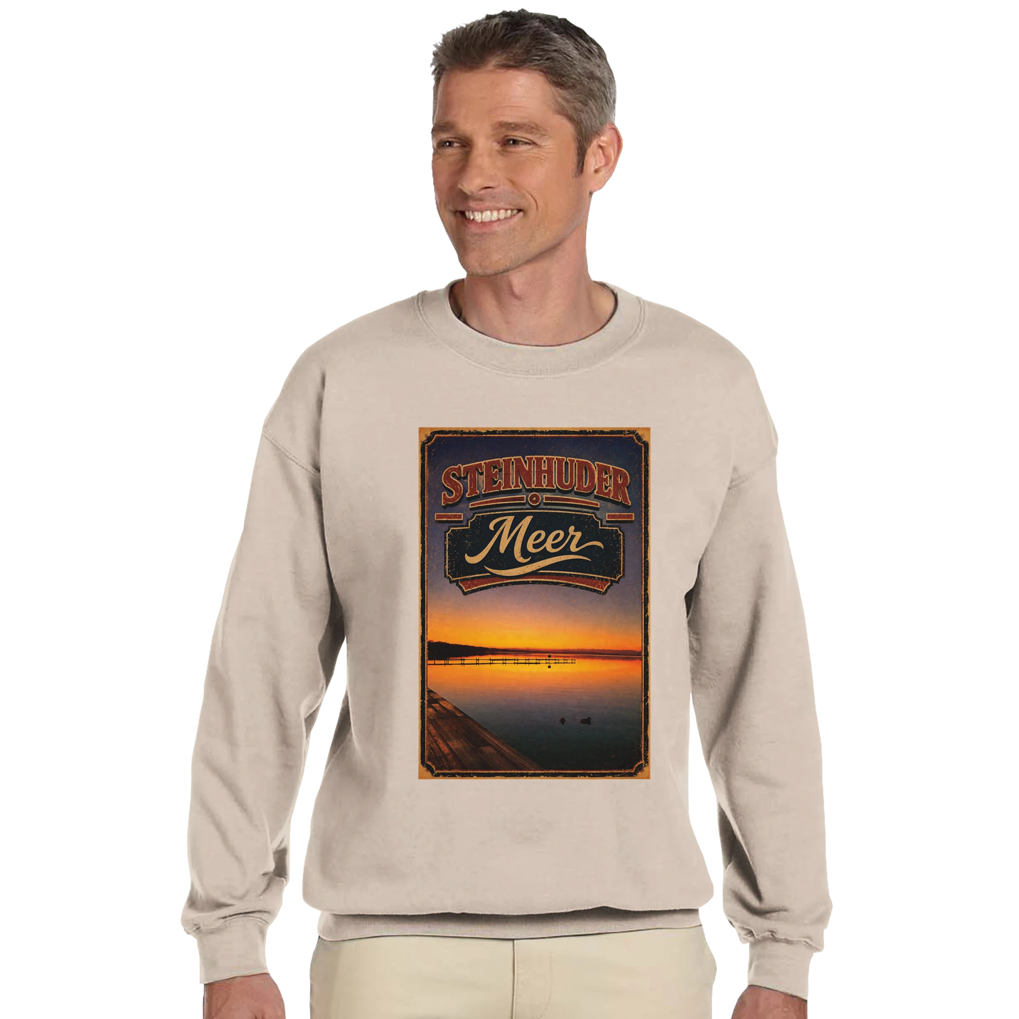 Pullover in Aschgrau mit Motiv „Steg an der Planke“