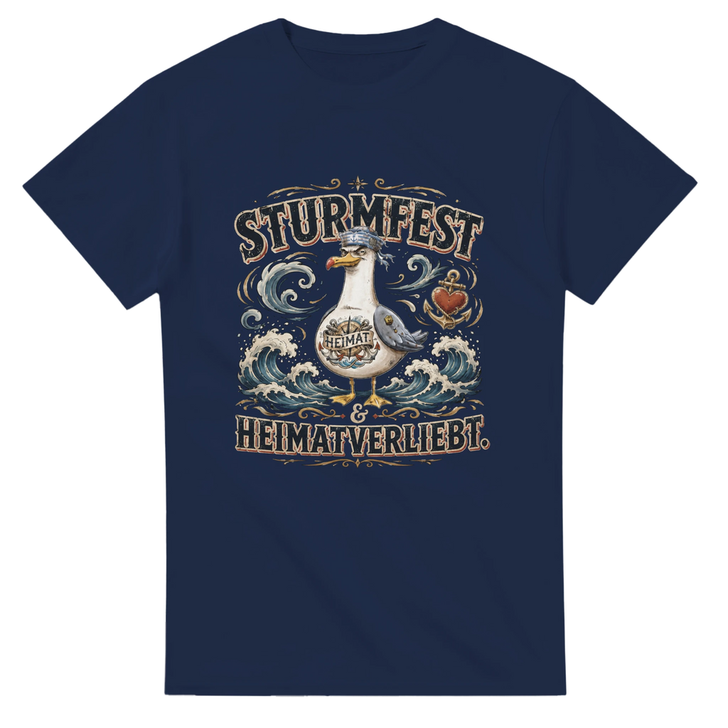 T-Shirt in Weiß mit Motiv „Sturmfest & Heimatverliebt Möwe“