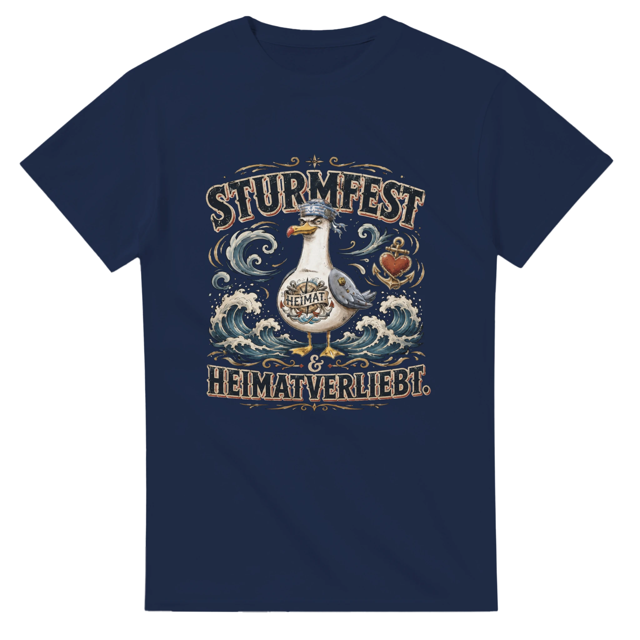 T-Shirt in Weiß mit Motiv „Sturmfest & Heimatverliebt Möwe“