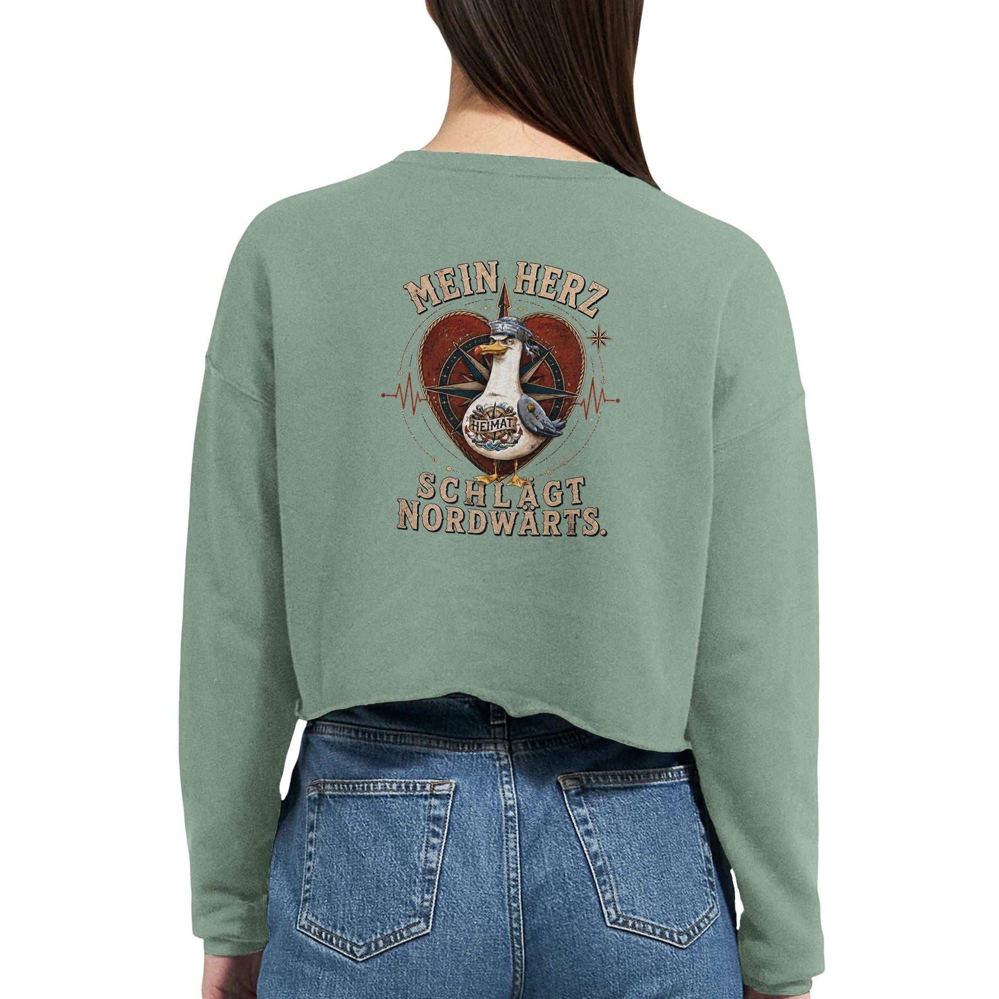 Damen-Pullover in Staubblau mit Motiv „Mein Herz schlägt NORDWÄRTS. Möwe“