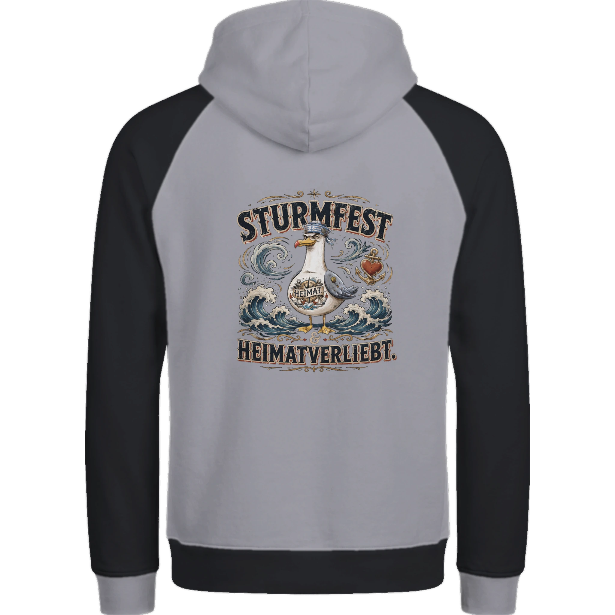Hoodie in Ton mit Motiv „Sturmfest & Heimatverliebt Möwe“
