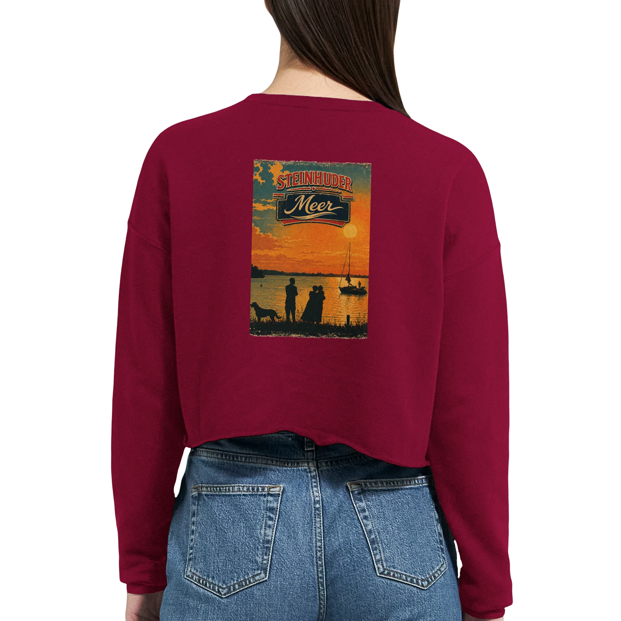 Damen-Pullover in Staubblau mit Motiv „Familie beim Sunset“