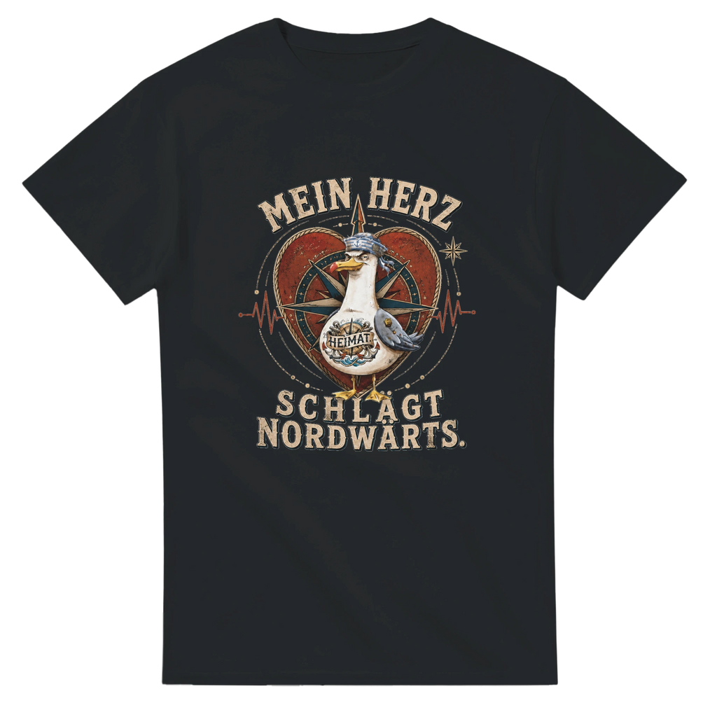 T-Shirt in Natur mit Motiv „Mein Herz schlägt NORDWÄRTS. Möwe“