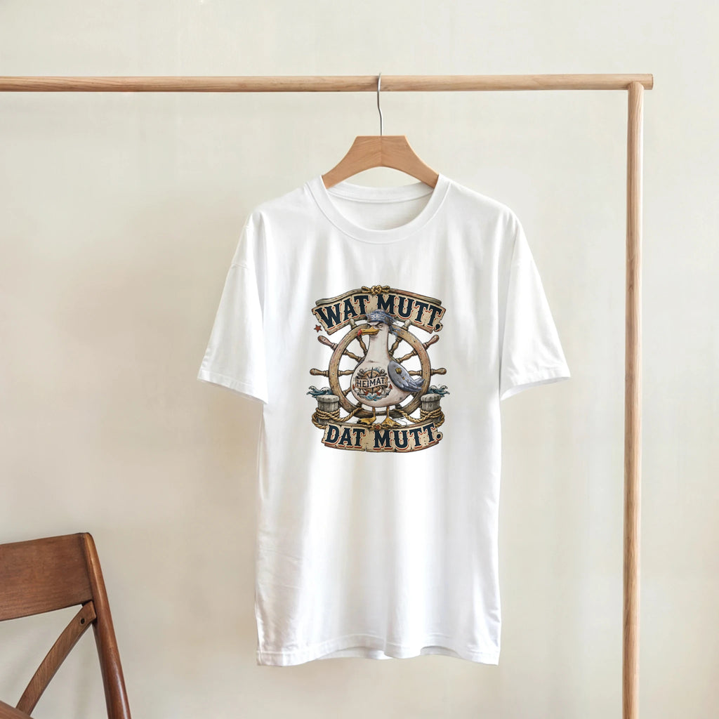 T-Shirt in Sand mit Motiv „Wat Mutt, Dat Mutt. Möwe“