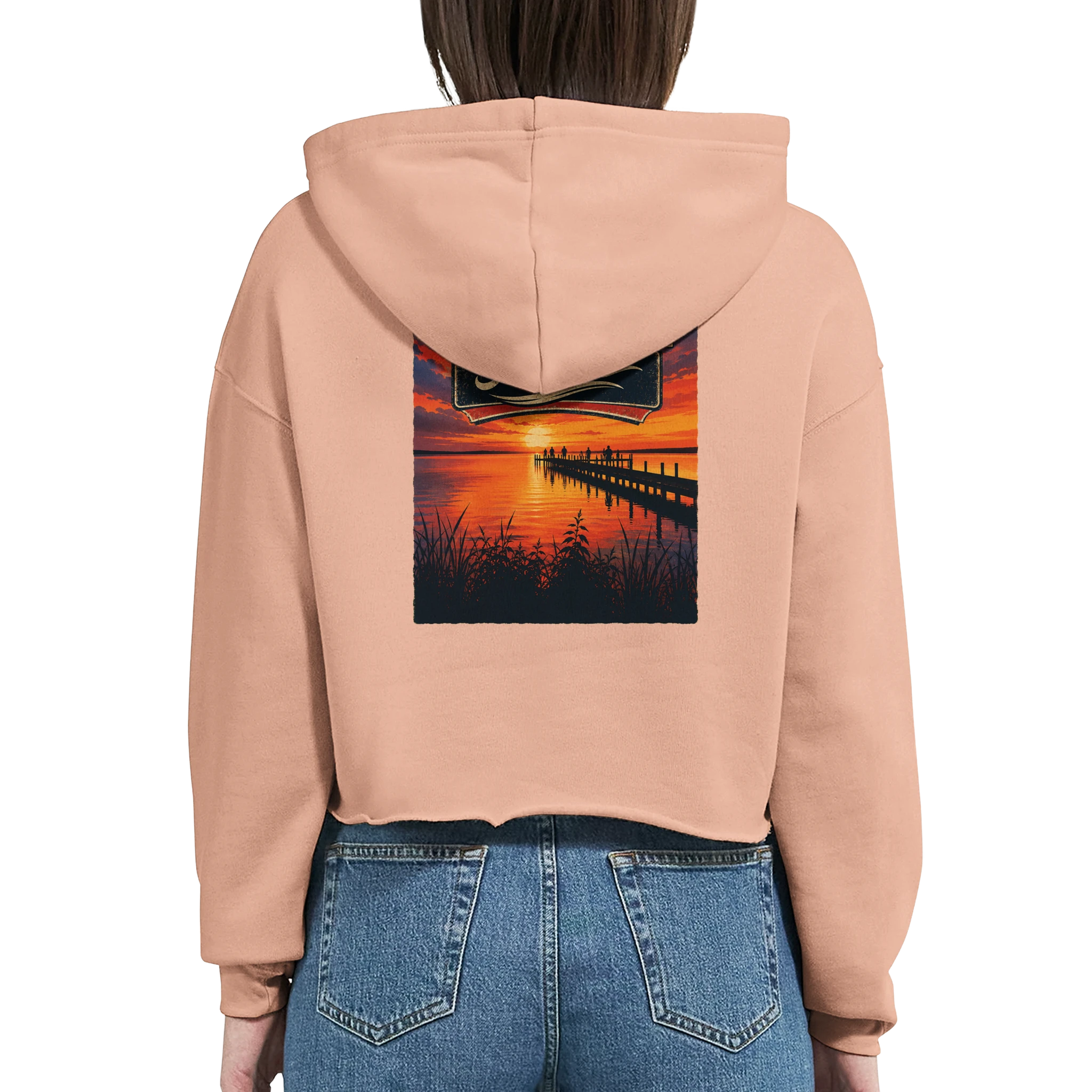 Damen-Hoodie in Weiß mit Motiv „Sunset Ratskeller Steg am Steinhuder Meer“