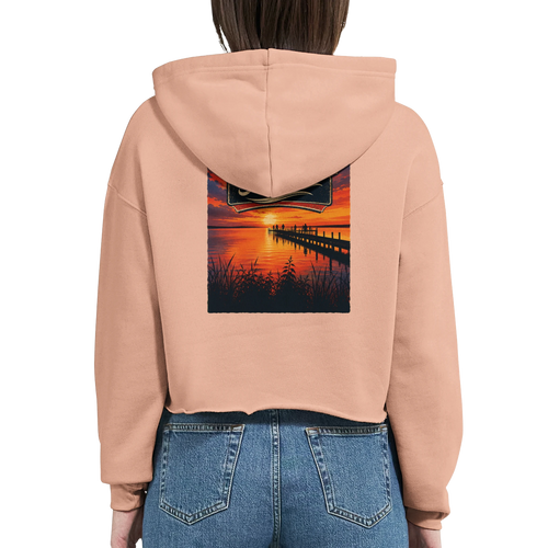 Damen-Hoodie in Weiß mit Motiv „Sunset Ratskeller Steg am Steinhuder Meer“