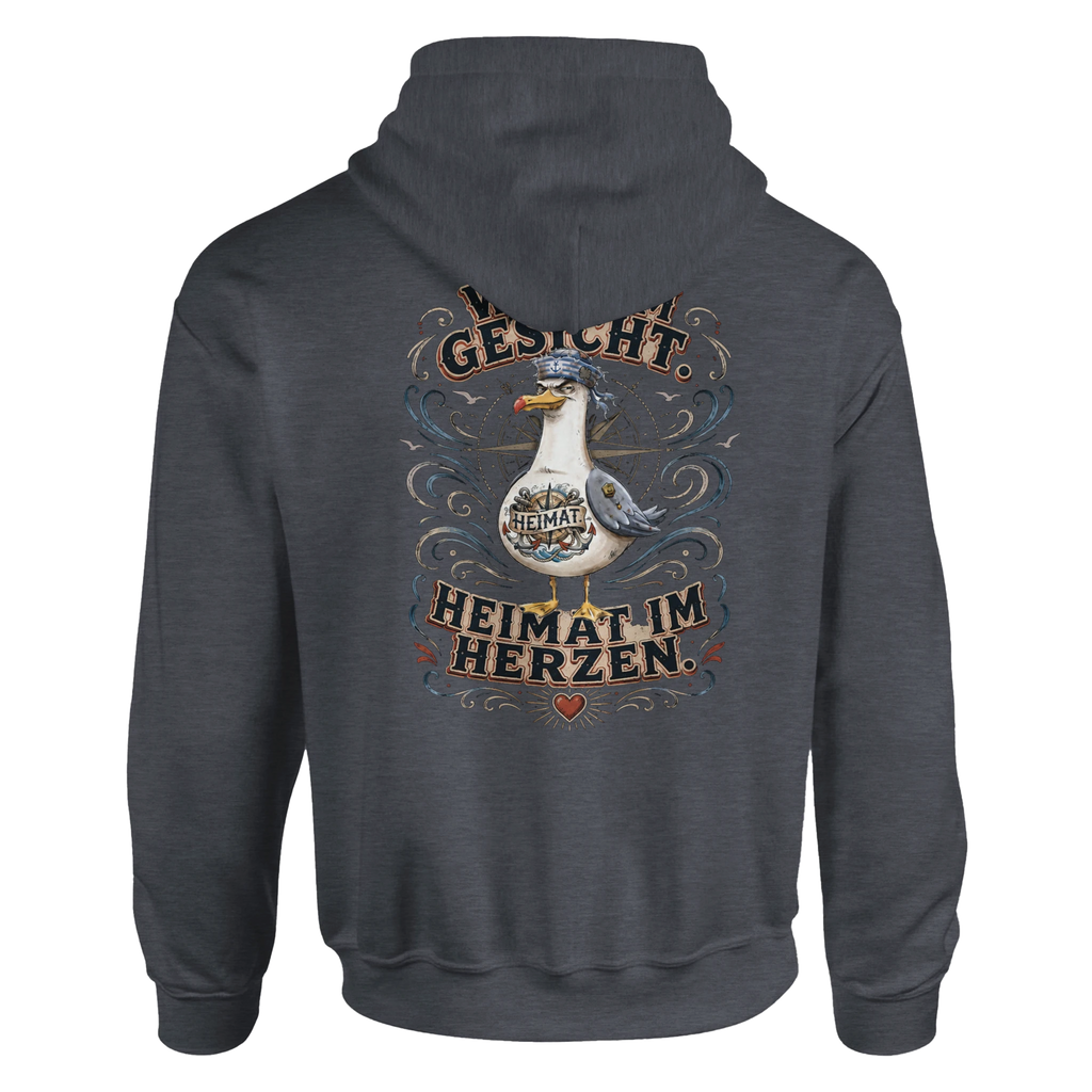 Hoodie in Weiß mit Motiv „Wind im Gesicht. Heimat im Herzen. Möwe“