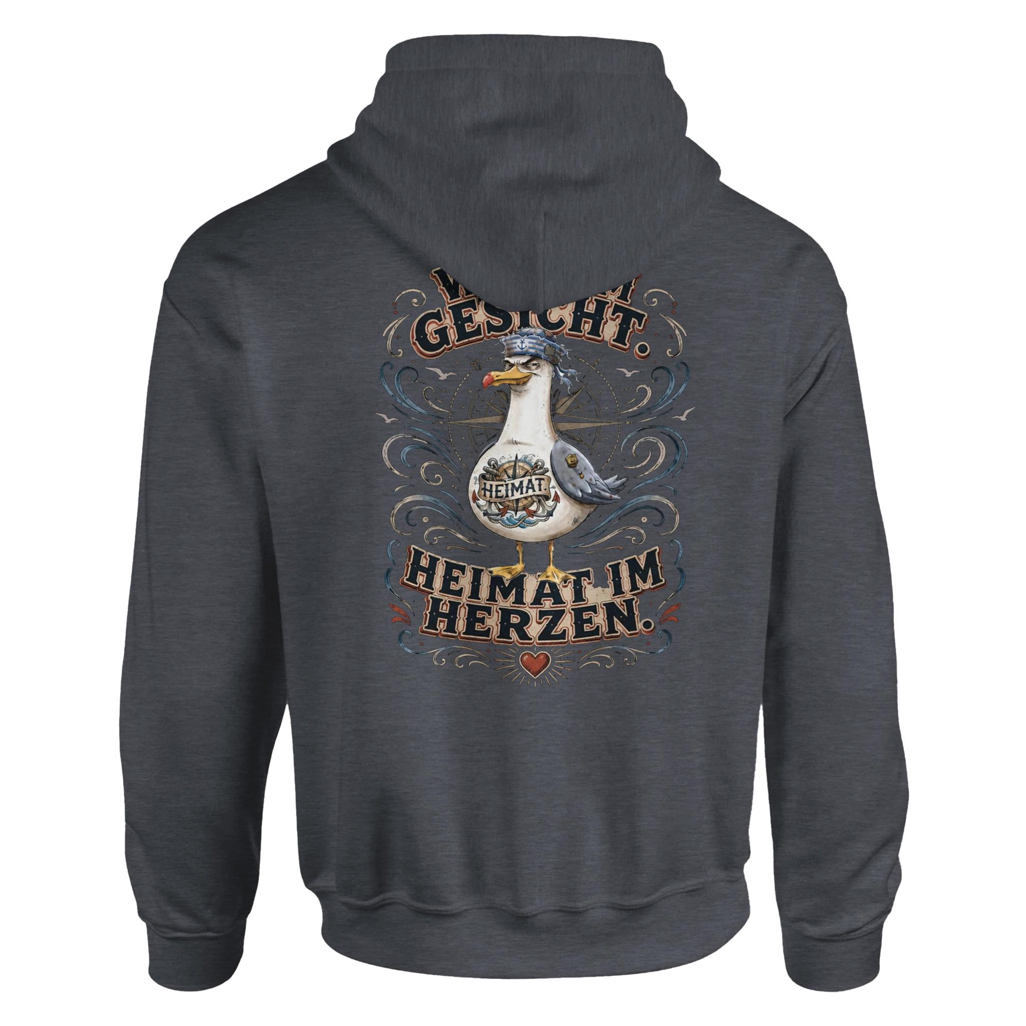 Hoodie in Weiß mit Motiv „Wind im Gesicht. Heimat im Herzen. Möwe“