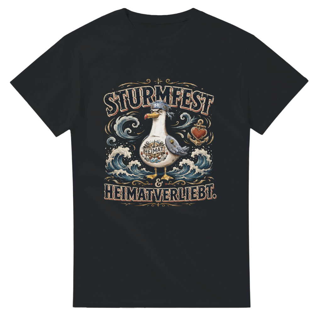 T-Shirt in Weiß mit Motiv „Sturmfest & Heimatverliebt Möwe“