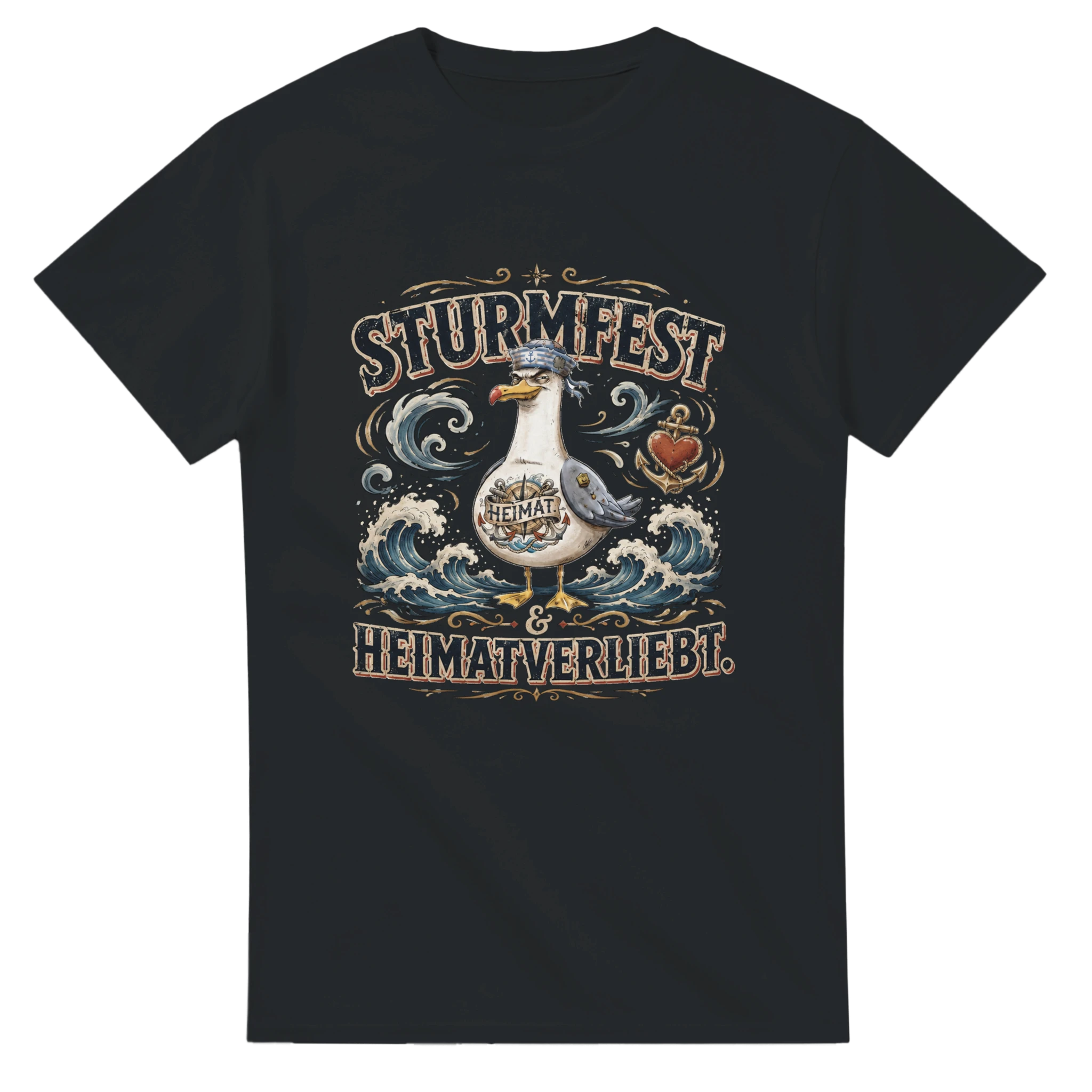 T-Shirt in Weiß mit Motiv „Sturmfest & Heimatverliebt Möwe“