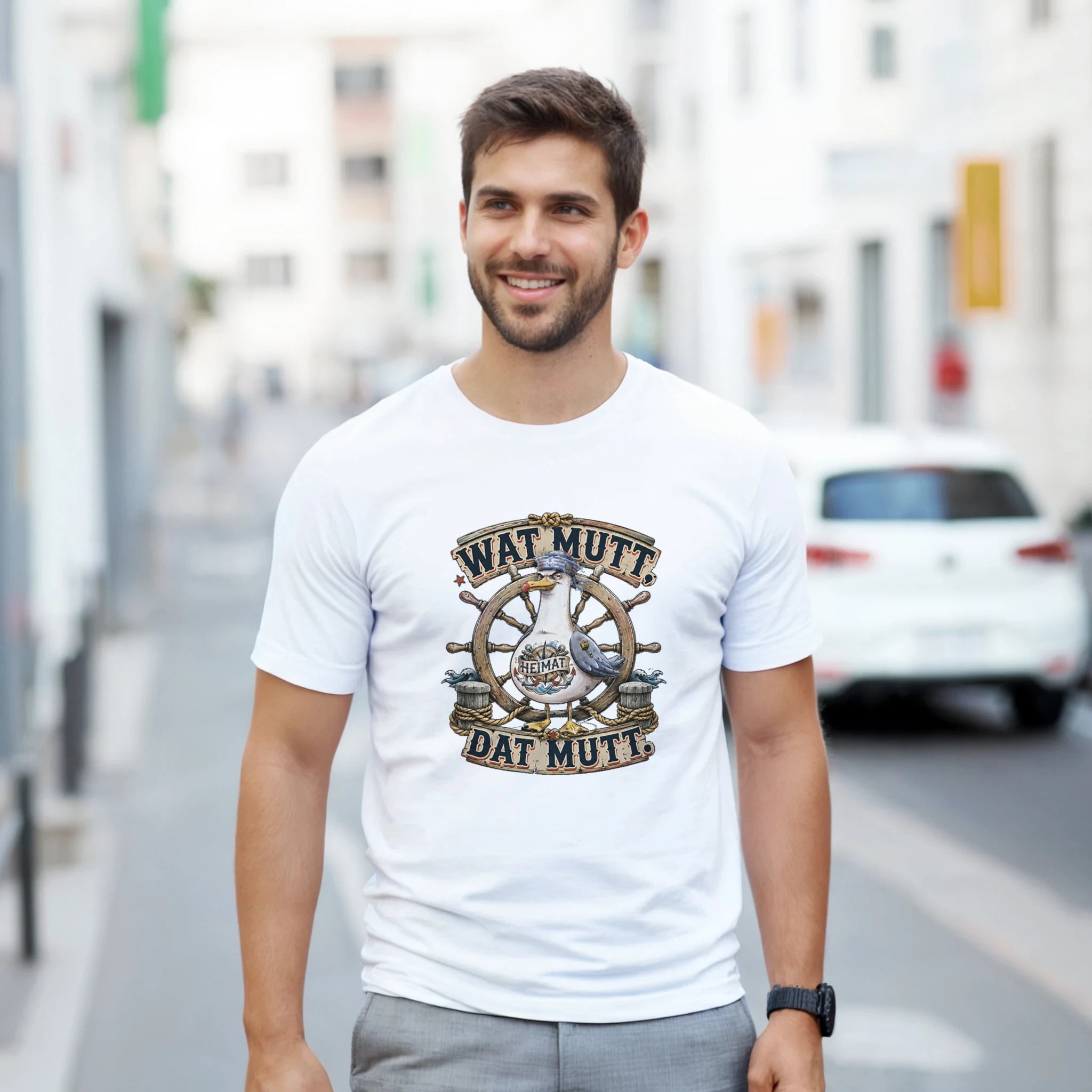 T-Shirt in Natur mit Motiv „Wat Mutt, Dat Mutt. Möwe“
