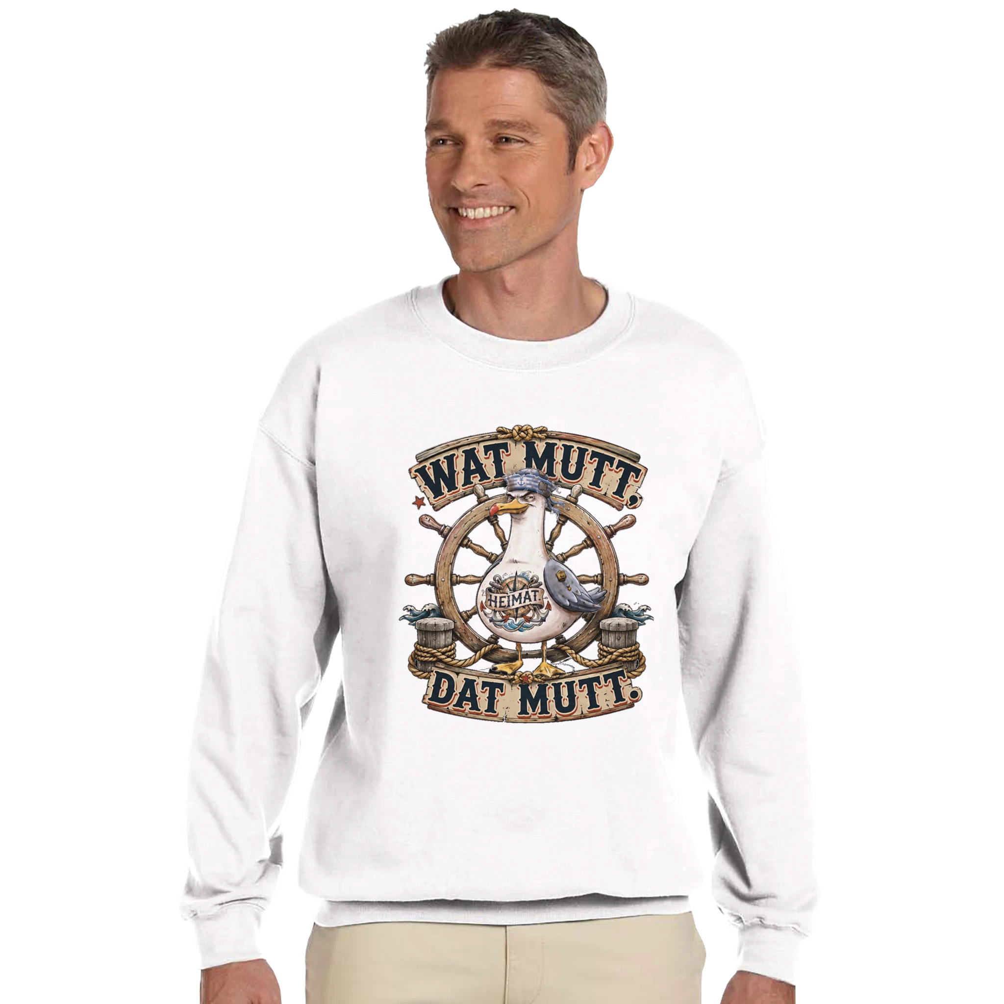 Pullover in Hellrosa mit Motiv „Wat Mutt, Dat Mutt. Möwe“