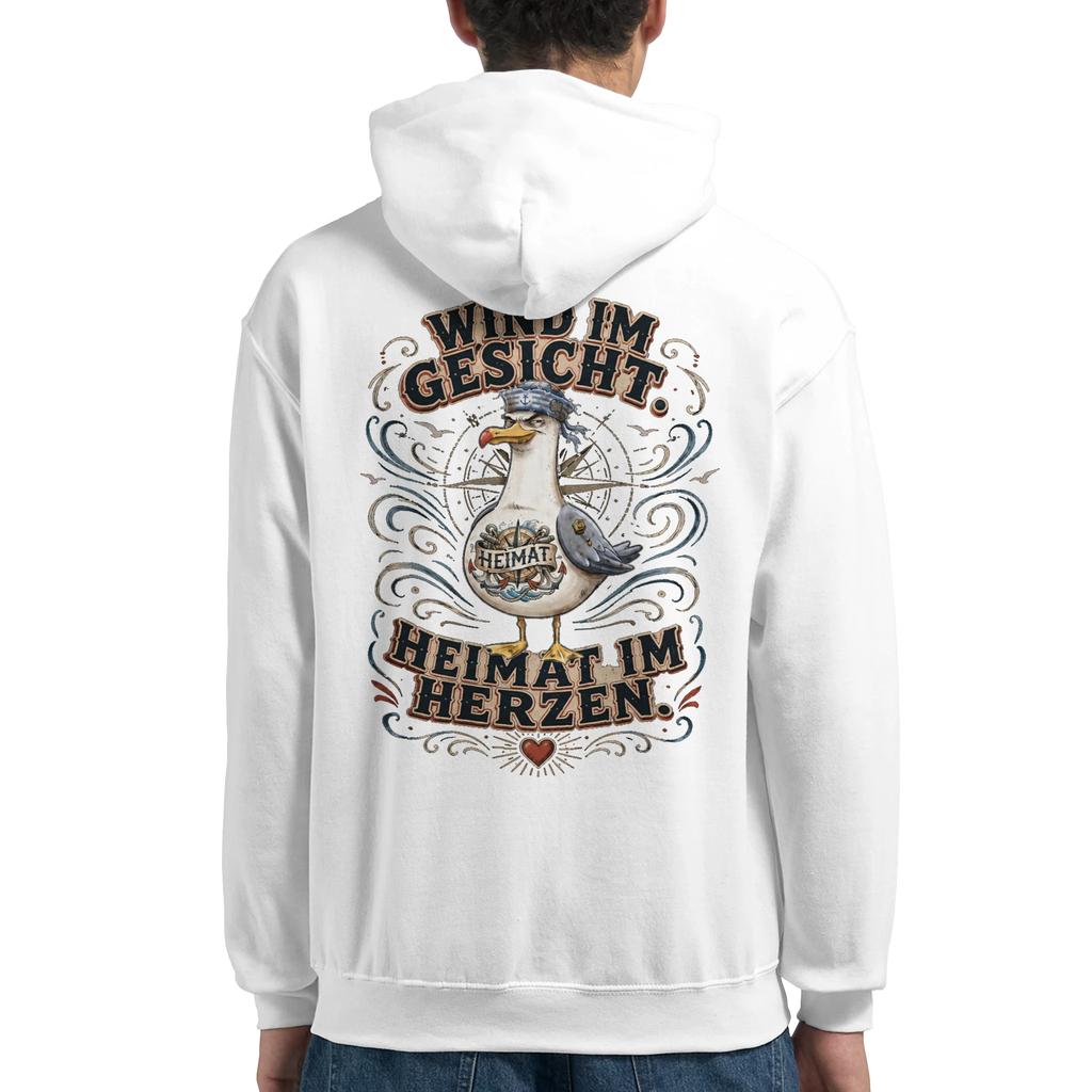 Hoodie in Sand mit Motiv „Wind im Gesicht. Heimat im Herzen. Möwe“