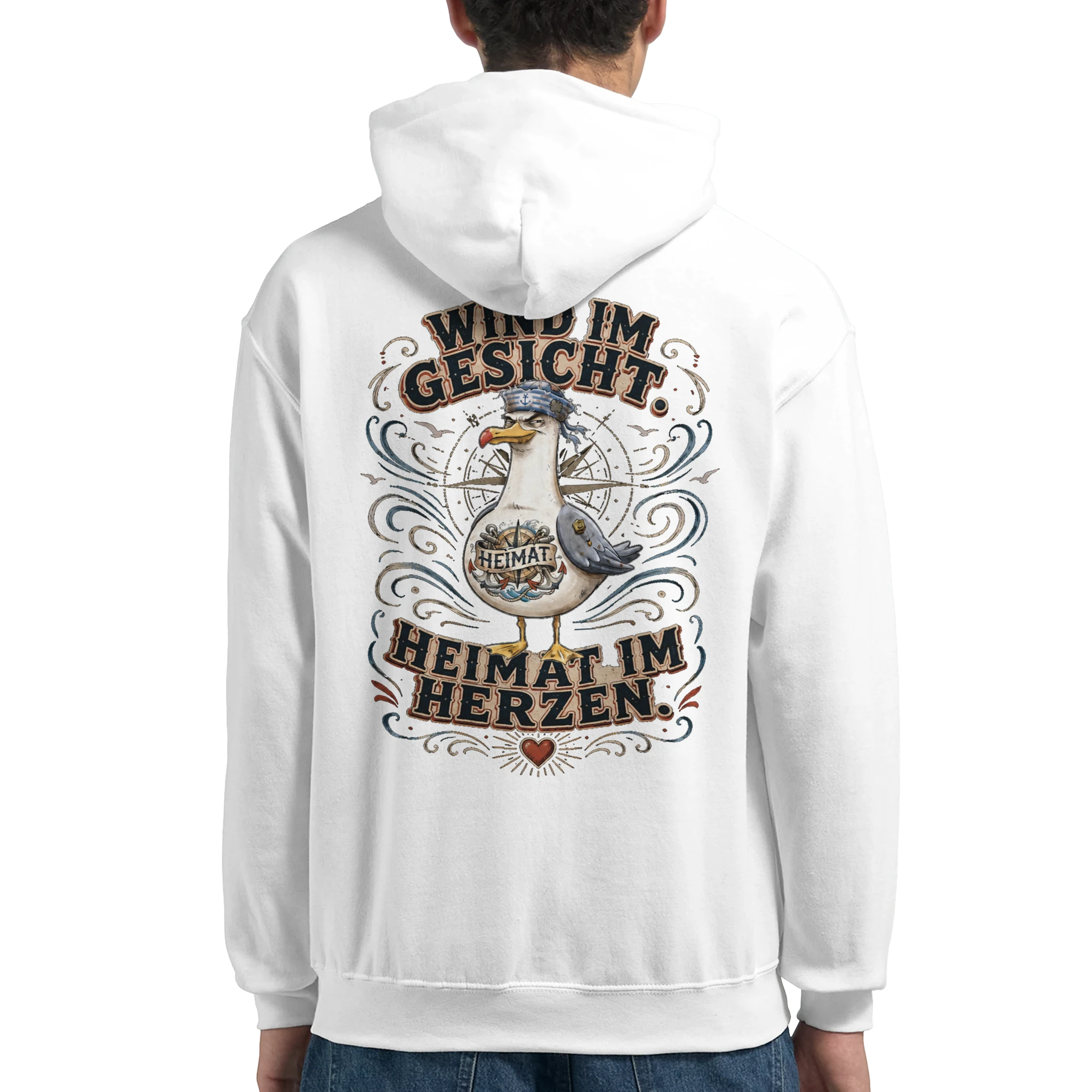 Hoodie in Sand mit Motiv „Wind im Gesicht. Heimat im Herzen. Möwe“