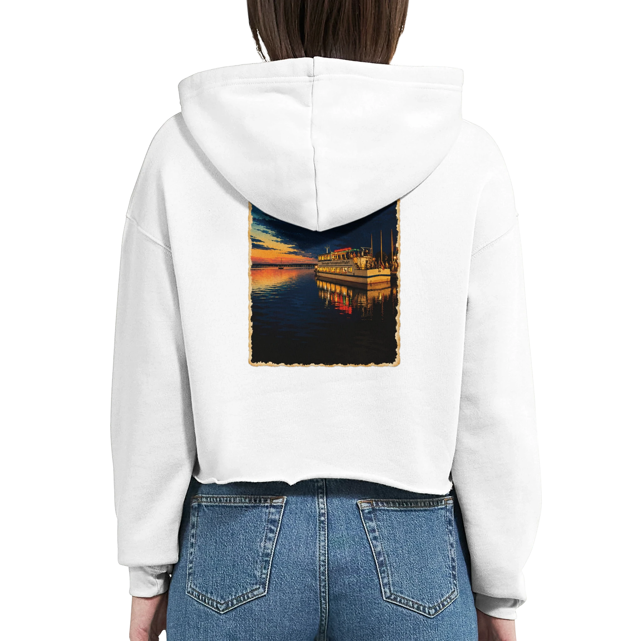 Damen-Hoodie in Pfirsich mit Motiv „MS Steinhude Abendstimmung“