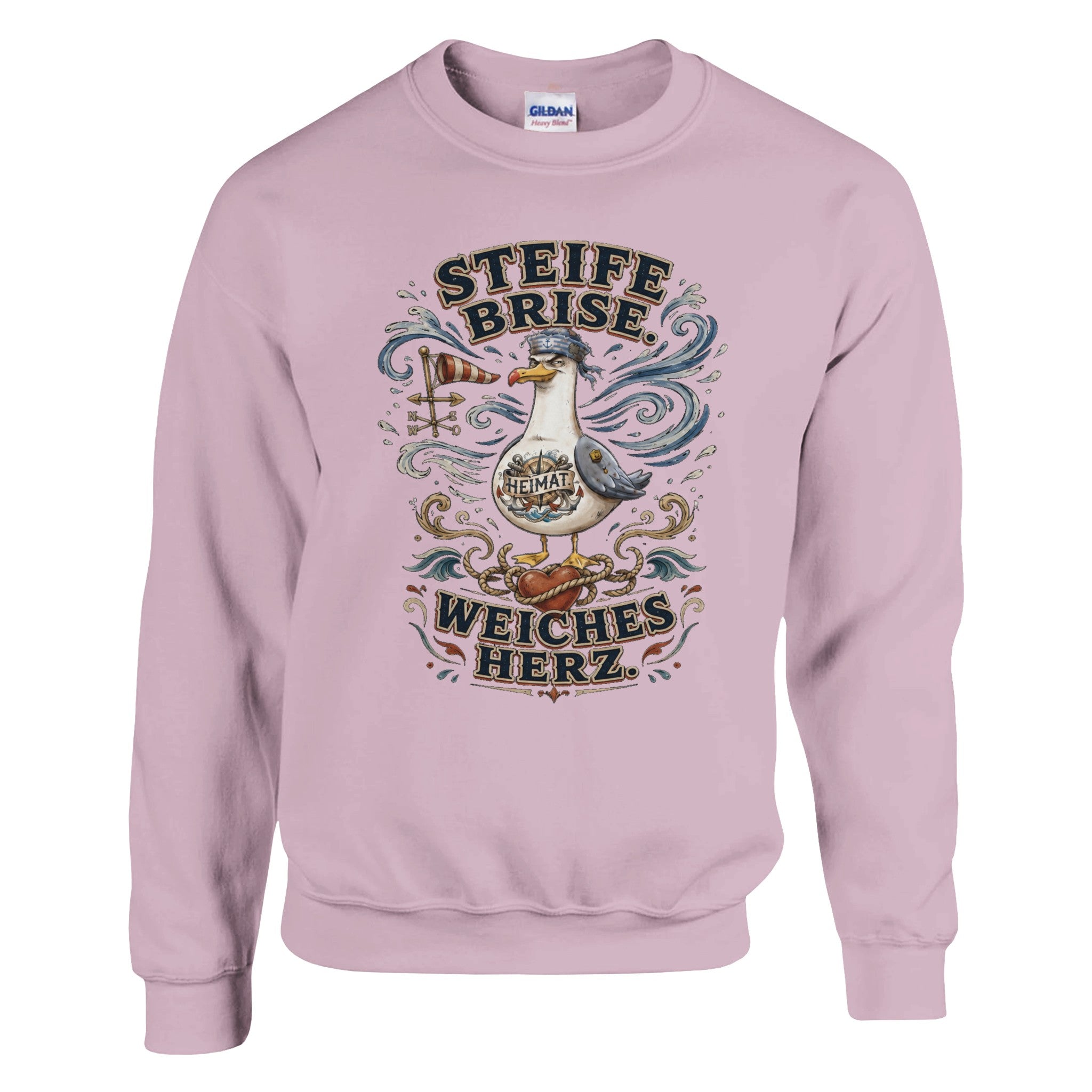 Pullover in Weiß mit Motiv „Steife Brise. Weiches Herz.“
