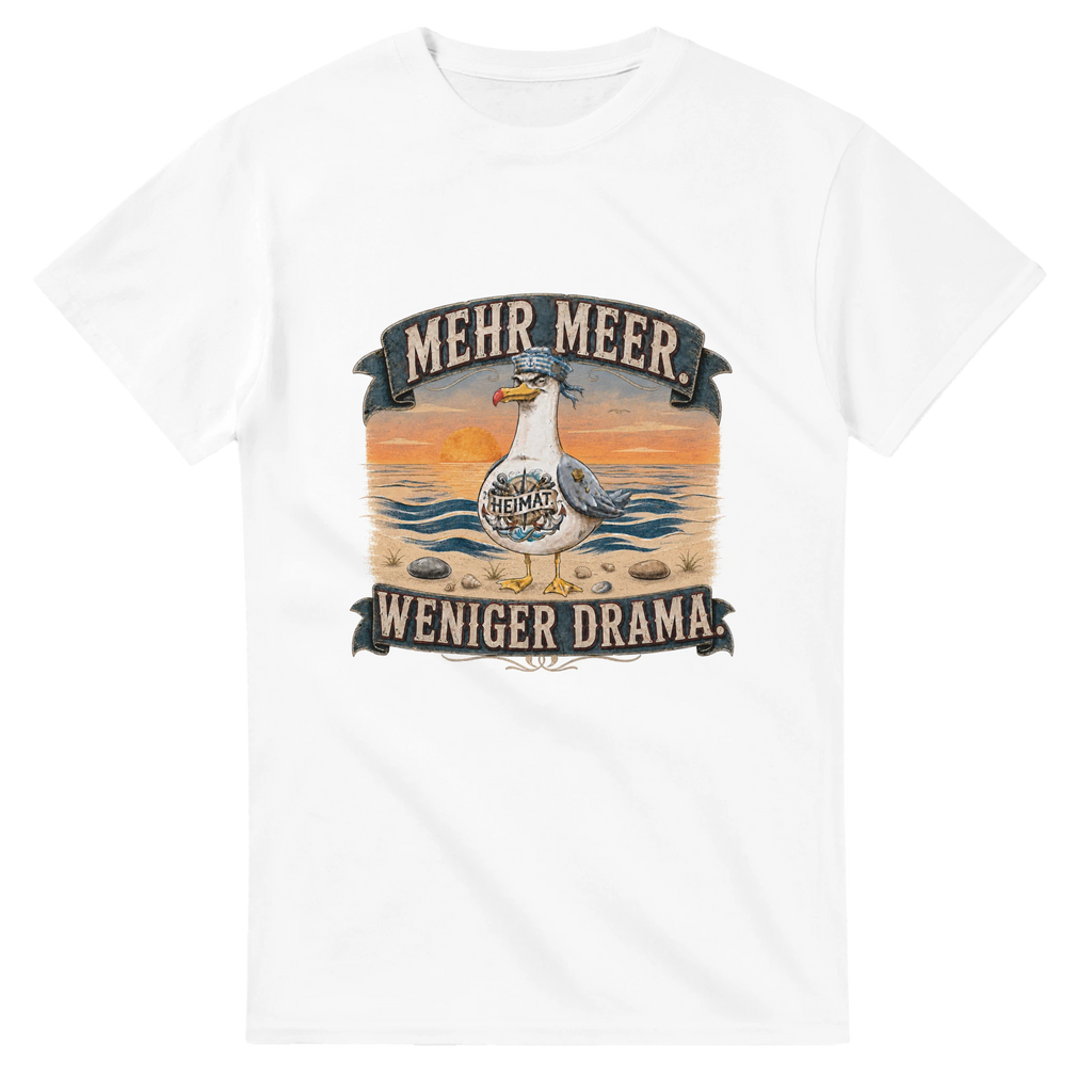 T-Shirt in Weiß mit Motiv „Mehr Meer. Weniger Drama.“