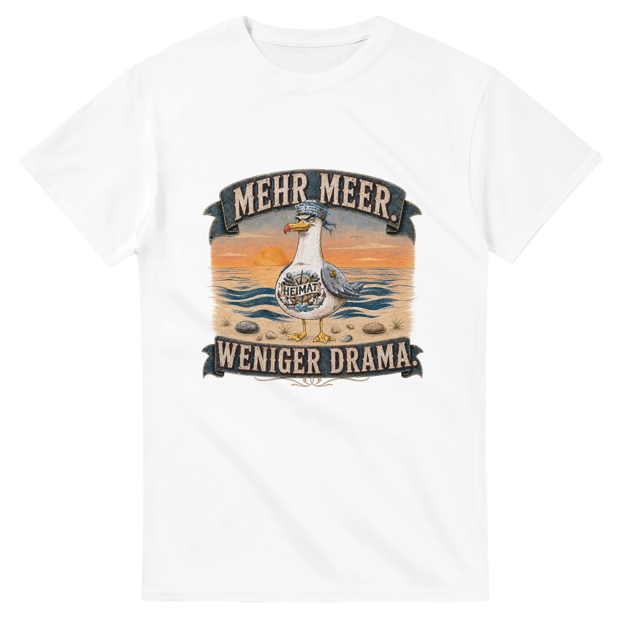 T-Shirt in Weiß mit Motiv „Mehr Meer. Weniger Drama.“