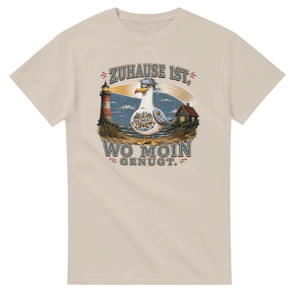 T-Shirt in Weiß mit Motiv „Zuhause ist, wo Moin genügt. Möwe“